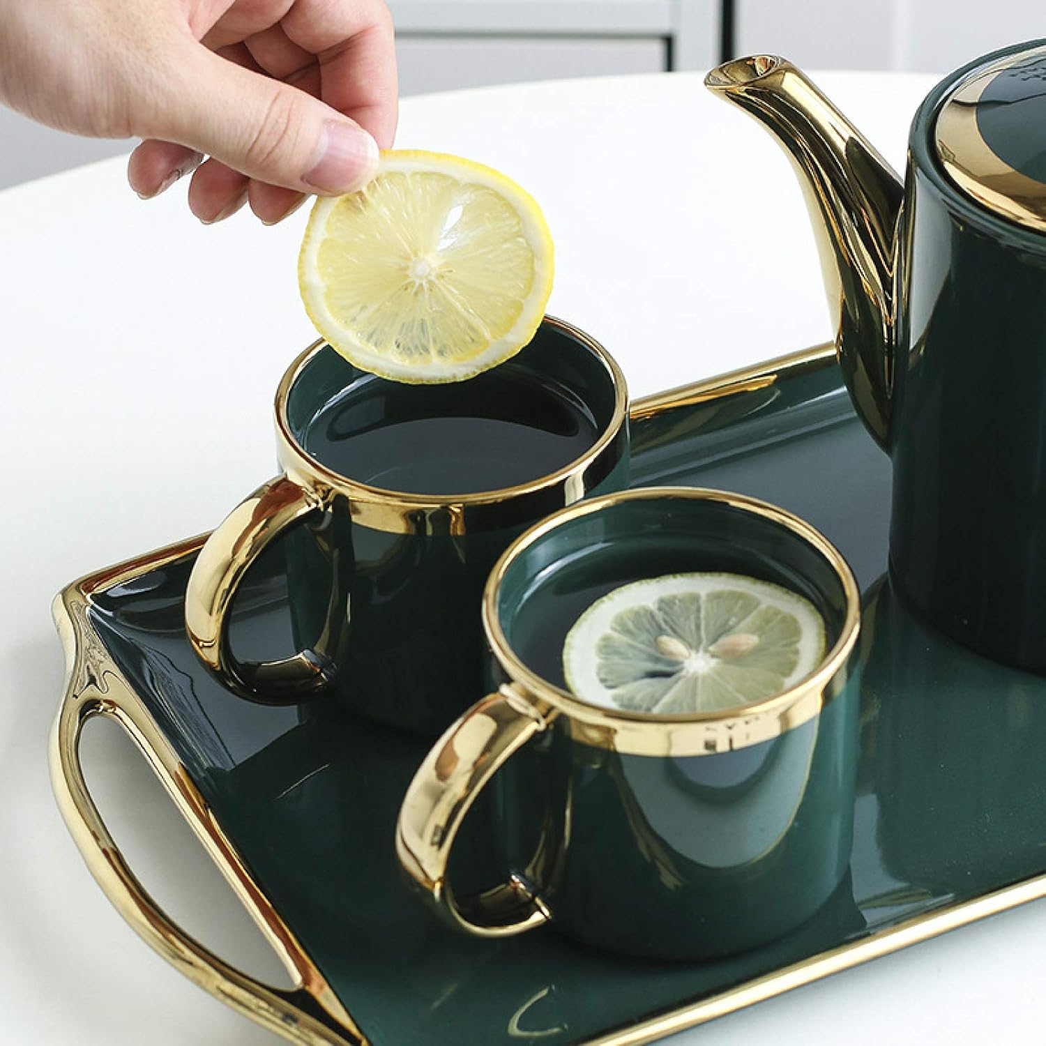 ティーセット アフタヌーンティー用ティーセット グリーンの英国製磁器製ティーセット ティーポット1個とコーヒーカップ4個セット 家庭