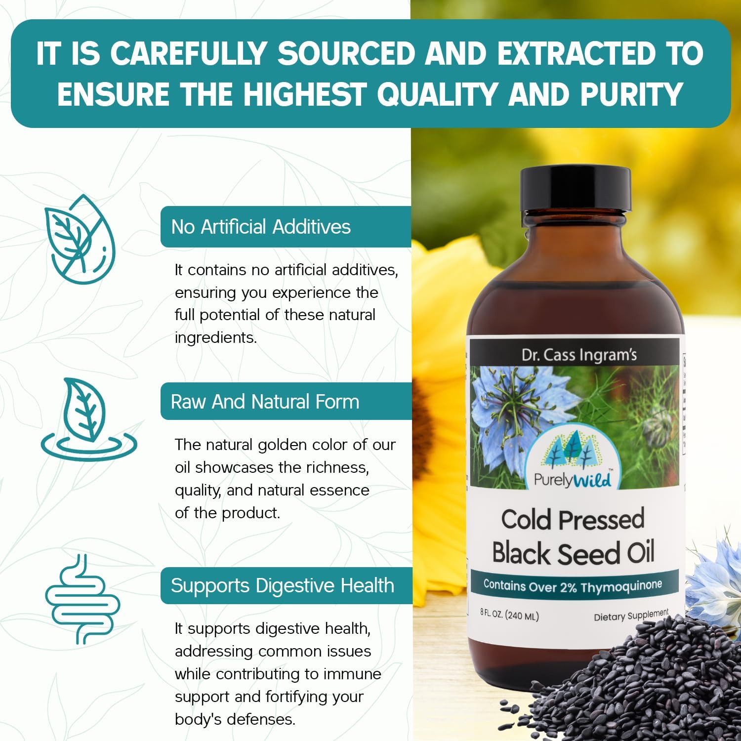 PURELY WILD Black Seed Oil - Formulated by Dr. Cass Ingram - 100% Cold Pressed Nigella Sativa Oil - Immune Support Supplement - Non-GMO, Unrefined, No Additives - 8 fl oz