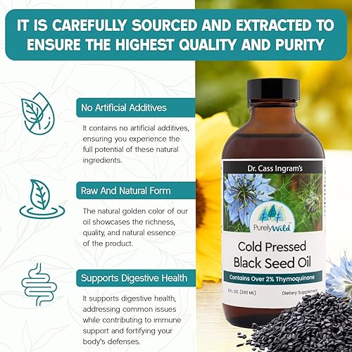 Miniatura 4 de PURELY WILD Aceite de semilla negra, formulado por el Dr. Cass Ingram's, contiene aceite esencial de semilla negra 100% prensado en frío,