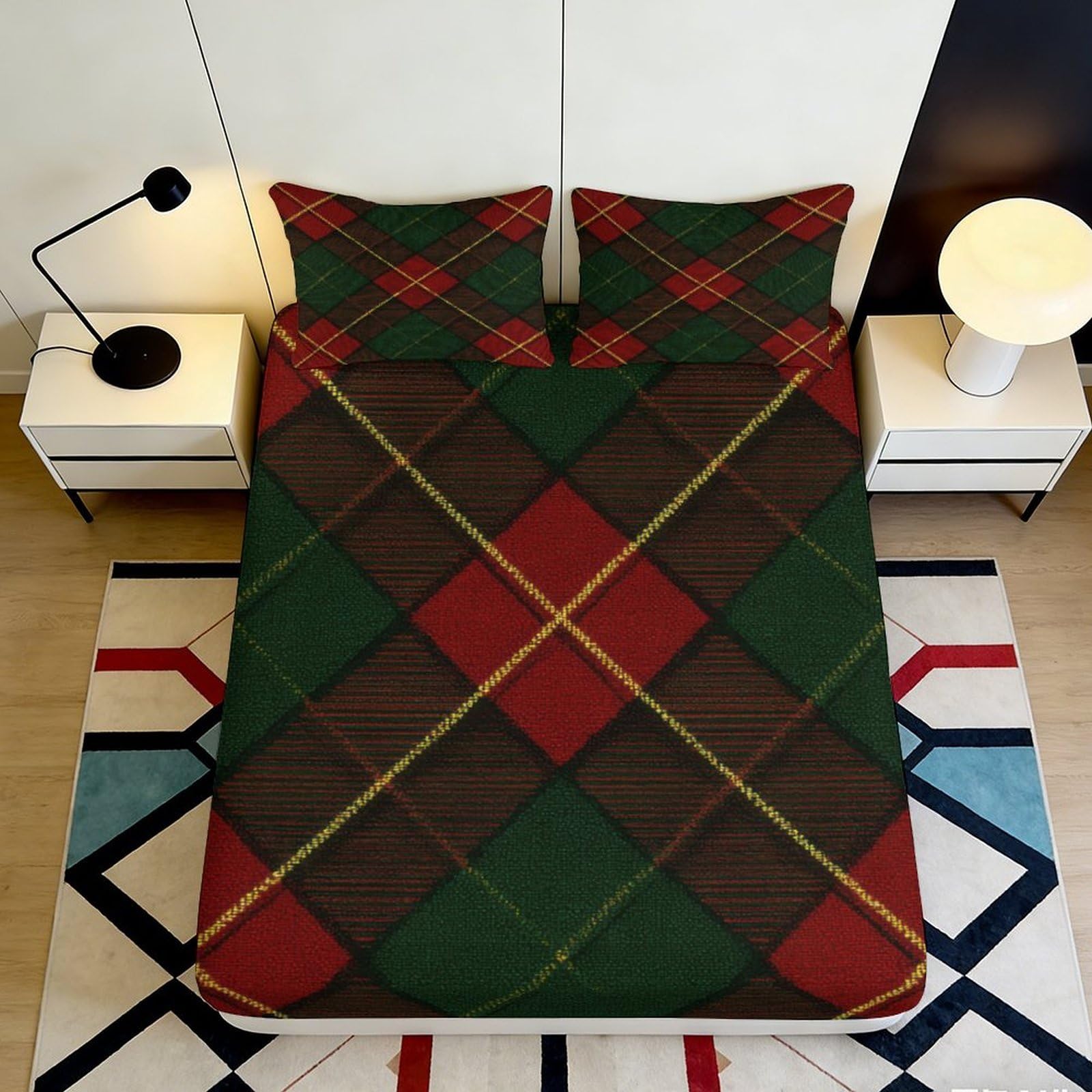 3D Printed Plaid Fitted Sheet Microfiber Deep Pocket Non-Slip Plaid Mattress Fitted Cover Bedroom Adult Washable 140x200x25cm