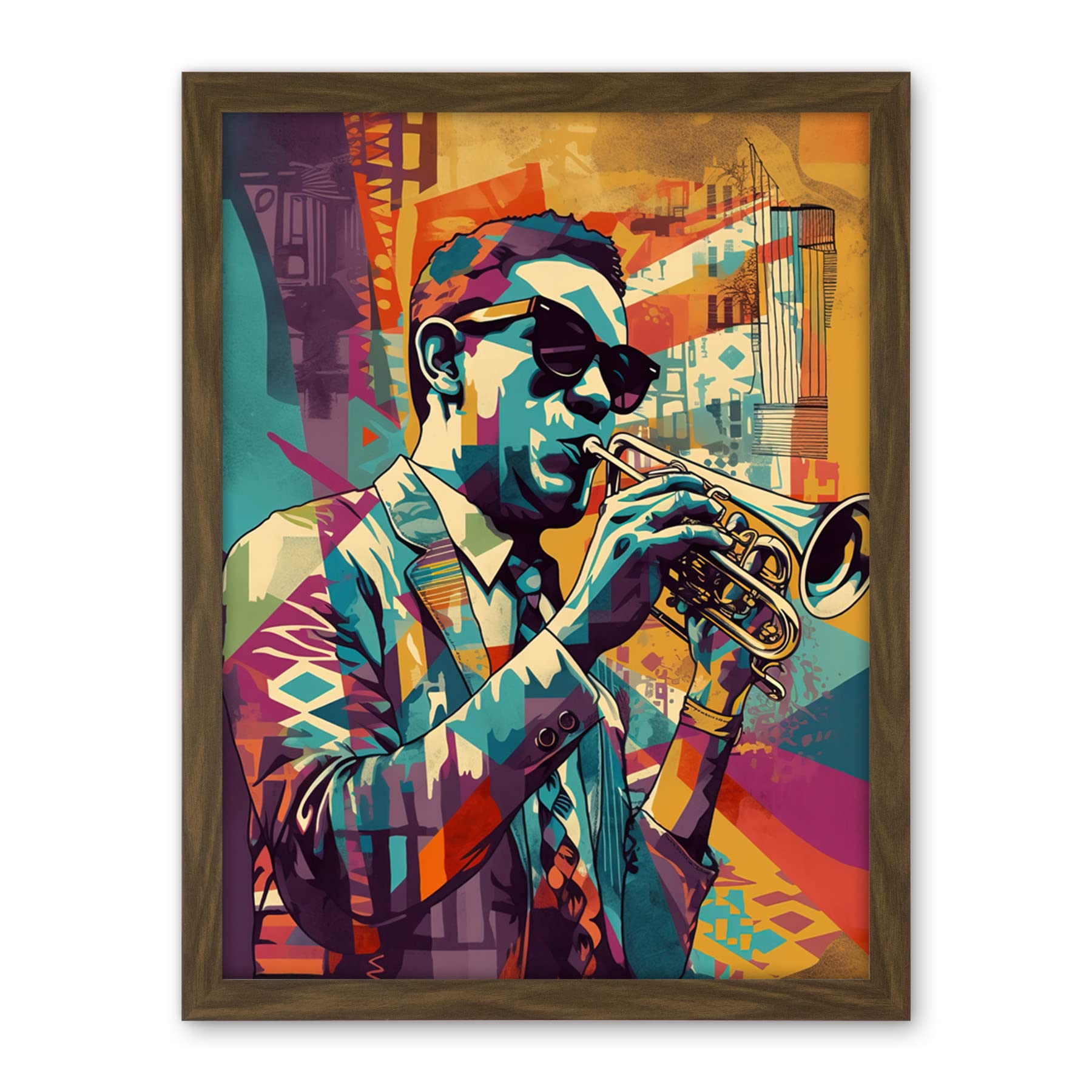 Artery8 Trumpet Player Jazz Musician with Sunglasses Modern Colour Linocut Print Artwork Framed Wall Art Print 18X24 Inch