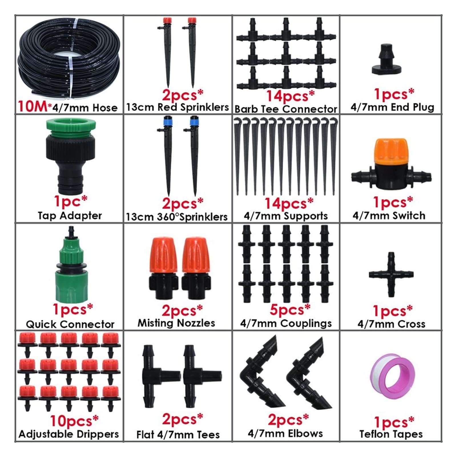 Zestaw do nawadniania kropelkowego 5-50 m DIY Micro Drip System nawadniania 4/7 mm Automatyczny nawadnianie roślin 8/4/2 Outlet Diverter Garden Hose Kit Regulowany Dripper (Kolor: KSL01-KIT290-10M)