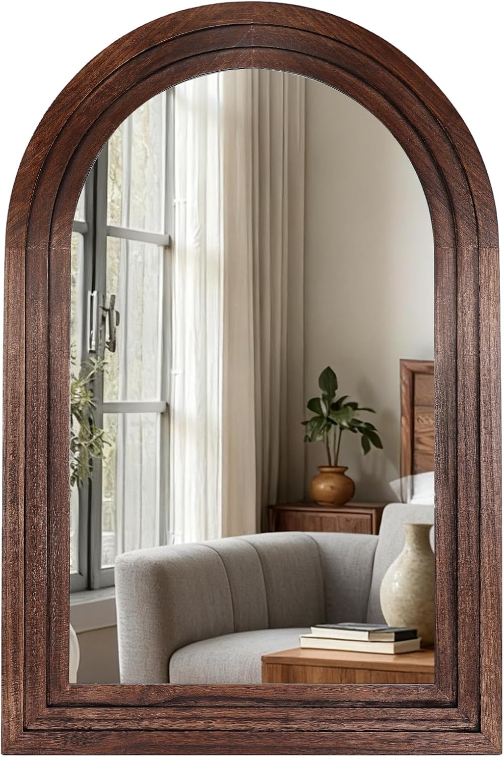 30"x20" Arched Wooden Frame Wall Mirror, Rustic Vanity Wall Mirror for Bathroom, Bedroom, Brown