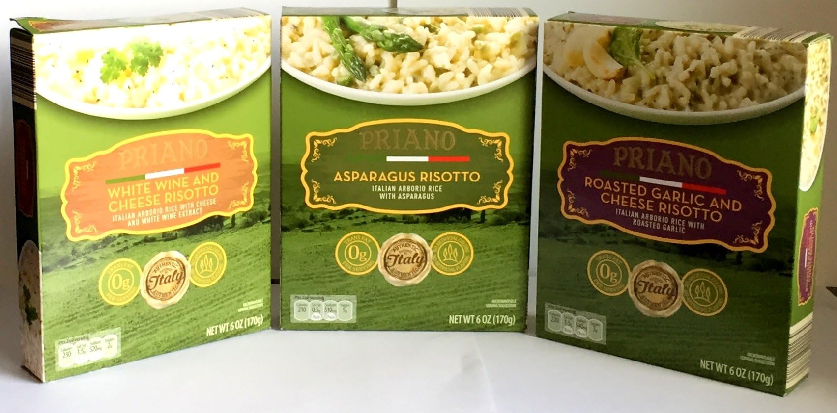 (3 Pack) Priano Risotto Assortment 6 Oz.: White Wine & Cheese Risotto, Roasted Garlic & Cheese Risotto, and Asparagus Risotto