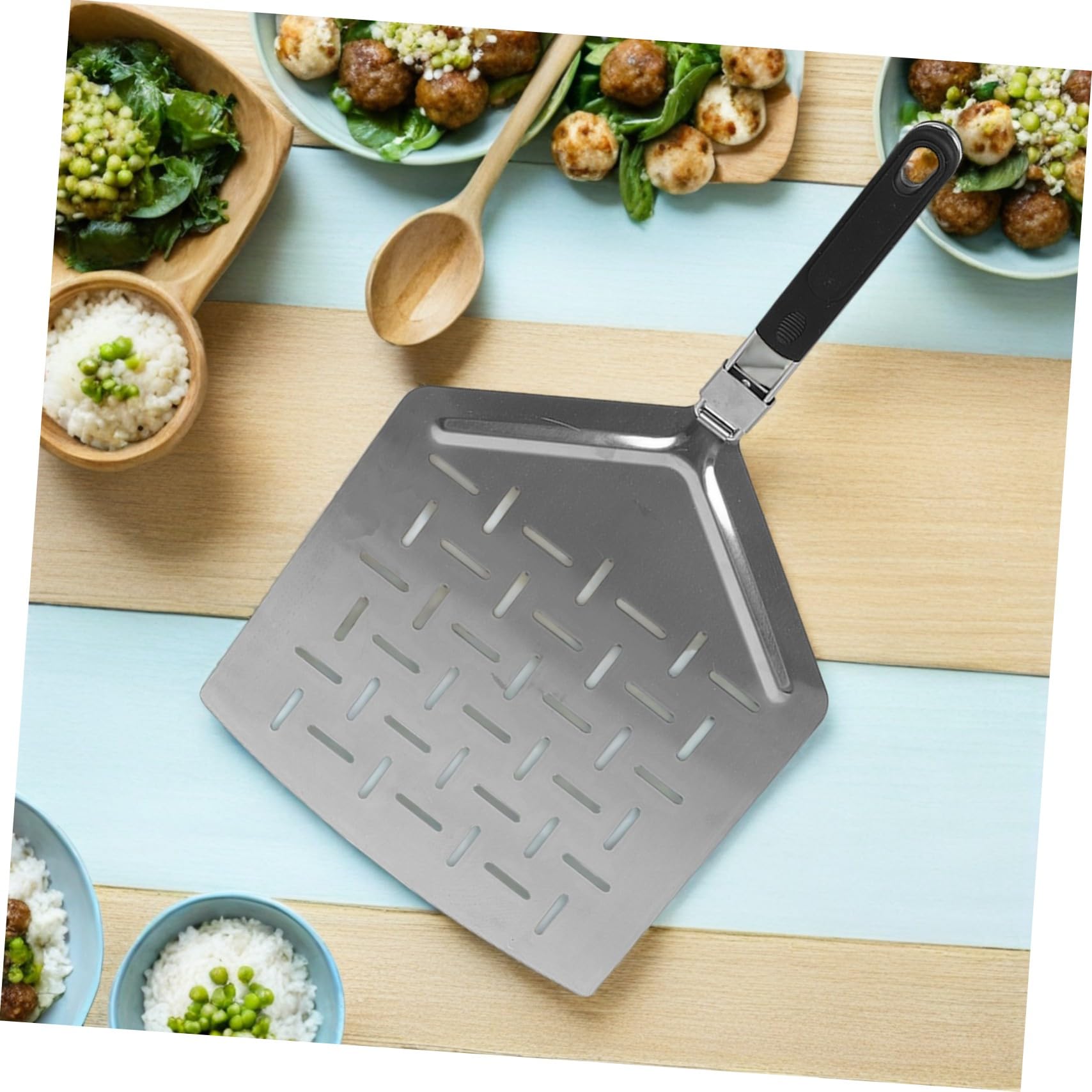 TOPBATHY Perforierter Pizzaschieber Rechteckiger Spatel aus Edelstahl 33cm mit Klappbarem Griff Faltbarer Pizzaspatel für Backen und Outdoor Einsatz
