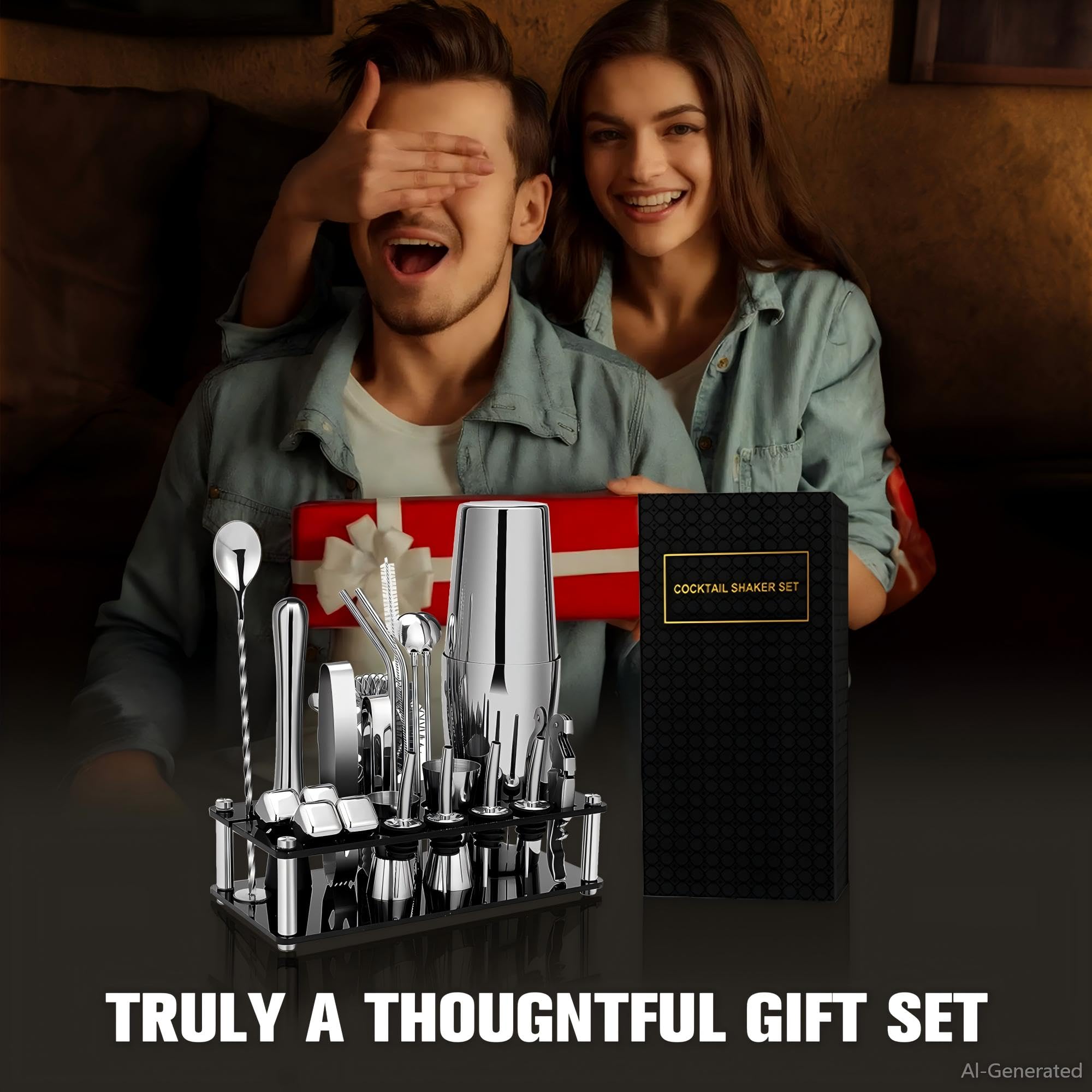 Ensemble de shaker à cocktail, 23 pièces en acier inoxydable Boston avec support en acrylique et livret de recettes de cocktails, outils de bar professionnels pour mélanger les boissons, maison, bar