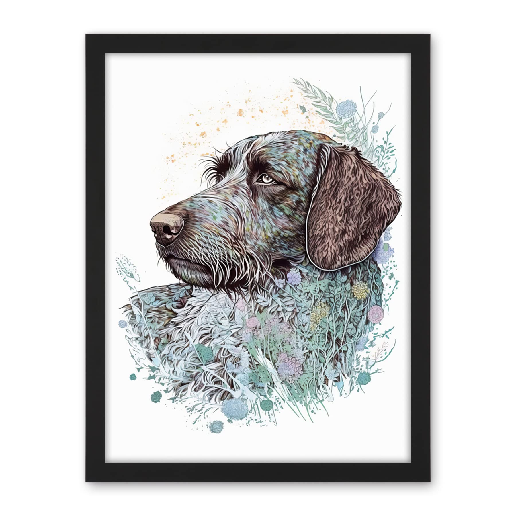 Artery8 German Wirehead Pointer Dog Nature Spirit Animal Modern Multicoloured Illustration Artwork Framed Wall Art Print 18X24 Inch