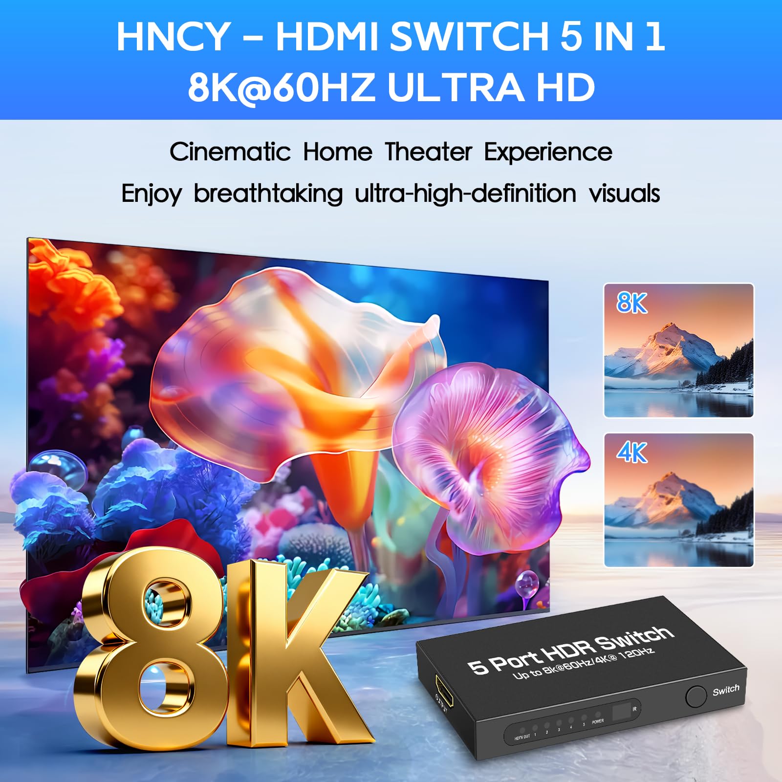 Switch HDMI 2.1 8K@60Hz 4K@120Hz, HDMI Switch 5 in 1 Out, con Telecomando, Supporta 48Gbps e HDCP 2.3 1080P UHD 3D Dolby Atmos Compatibile con PC,Monitor,PS4,TV Stick,Proiettore,HDTV,Lettore Blu-Ray