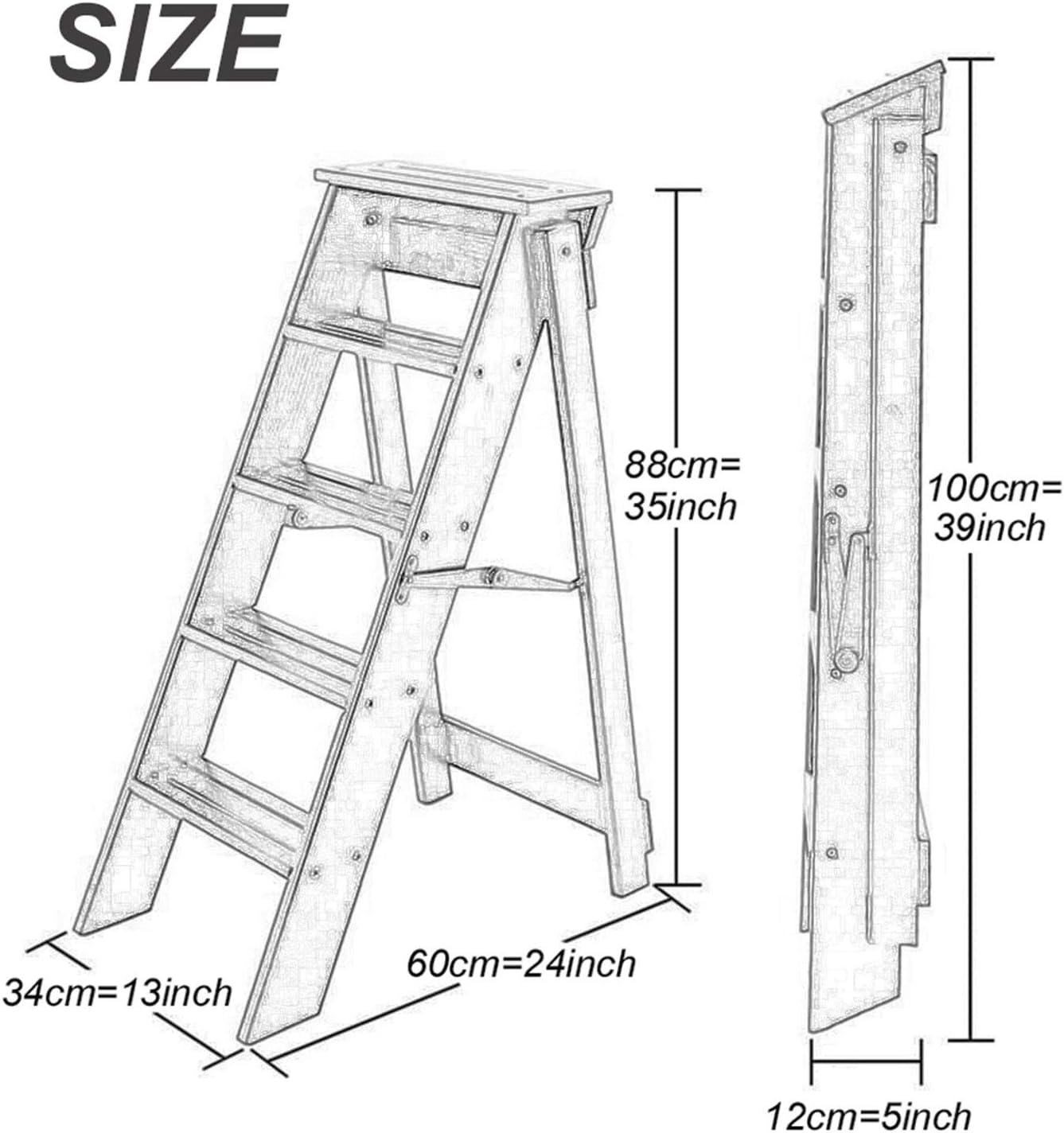 5-Folding Ladder Stool - Solid Wood Multifunctional Climb Chair Perfect for Library Shelf Bookshelf Plant Stand - Space-Saving Wood Color Design