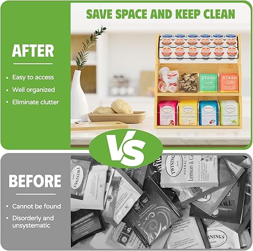 Miniatura 4 de LASZOLA Organizador de bolsas de té de bambú con soporte de cápsulas de café de metal, caja de almacenamiento de bolsa de té, estante dispensador