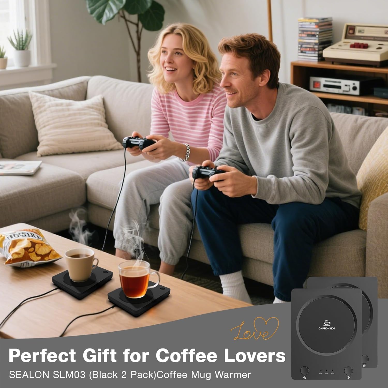 SEALON SLM03 Electric Coffee Mug Warmer (Black, 2 Pack) - 3-Temperature Desk Cup Warmer with Auto Shut-Off (4 Hours) for Heating Coffee, Tea, Milk & Beverages