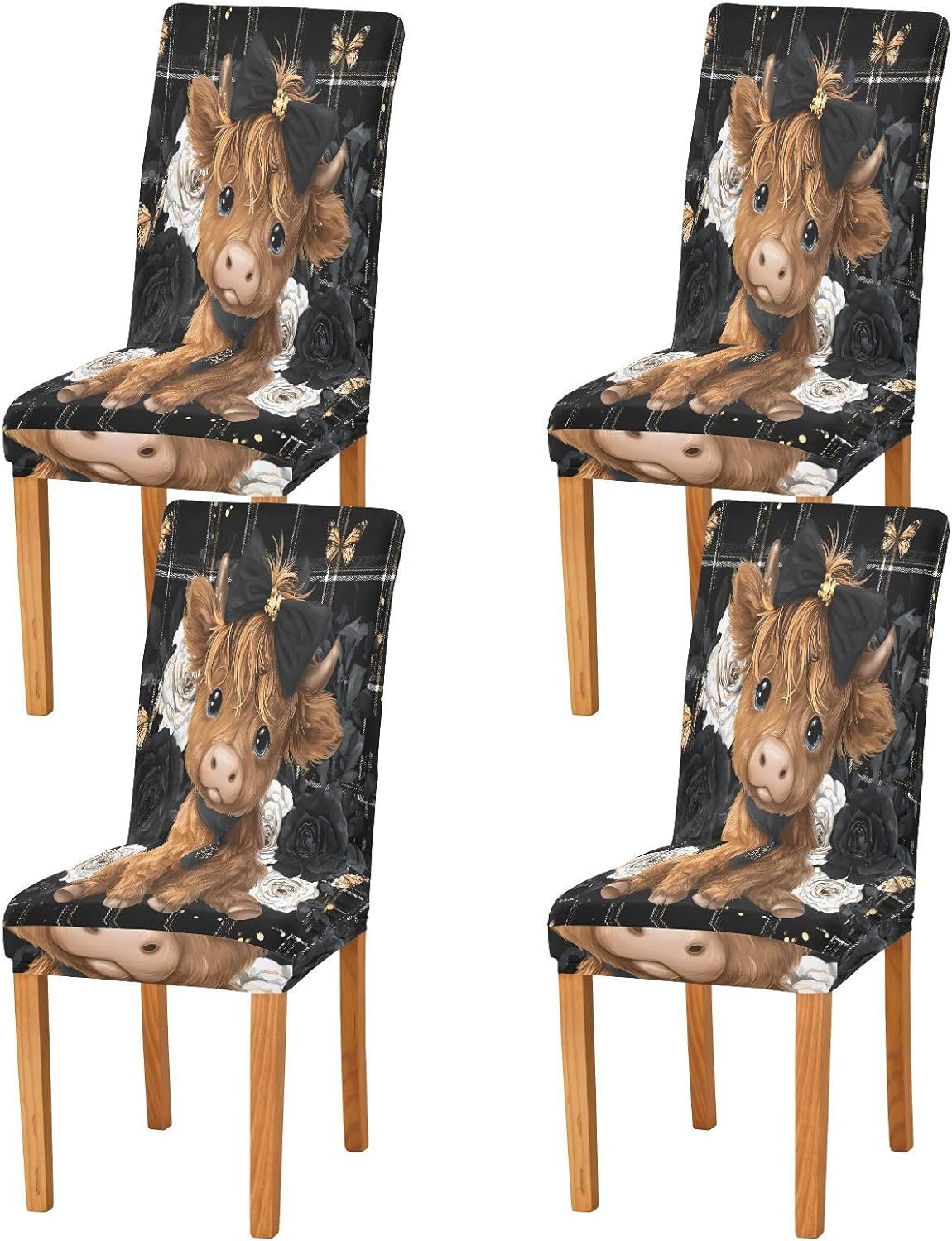ALAZA Chair Covers for Dining Room, Highland Cow Rose Butterfly Stretch Chair Cover Sets Chair Protector Removable Washable for Ktichen Restaurant Hotel