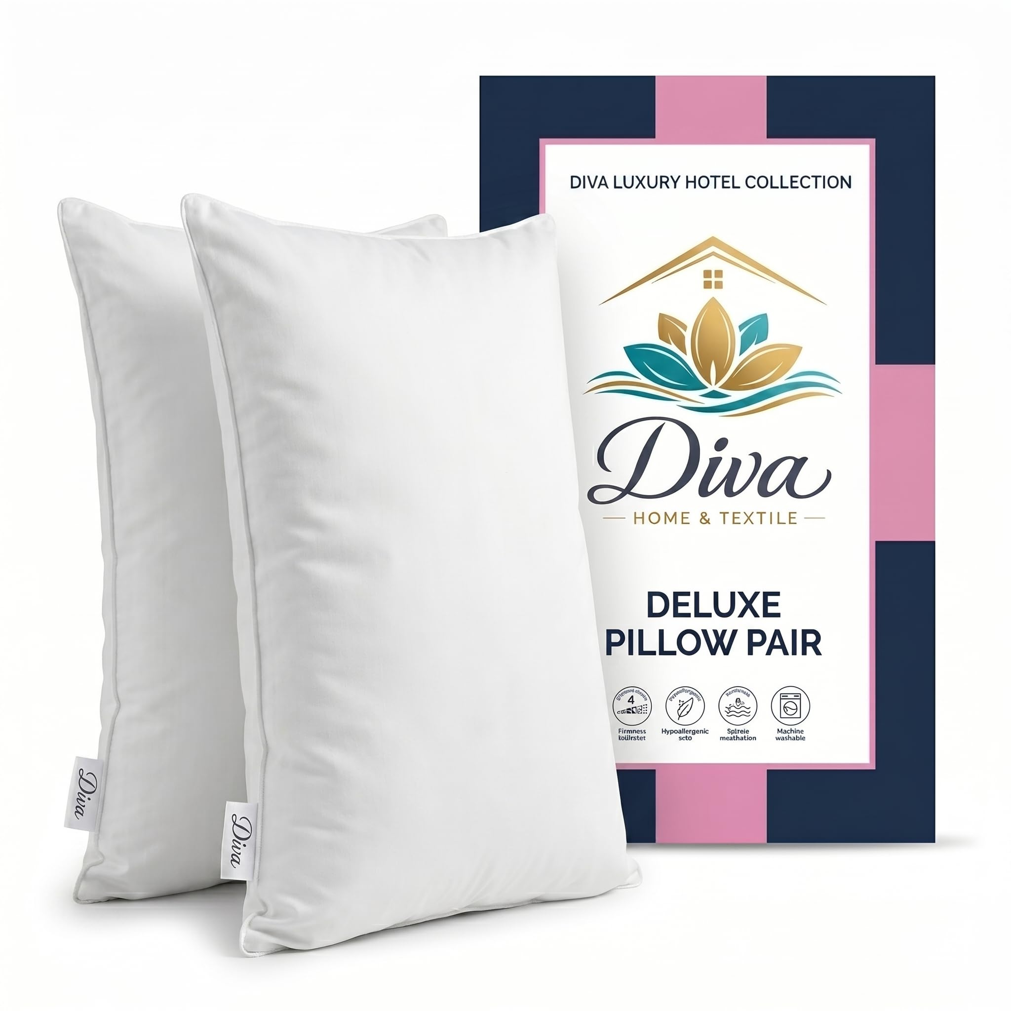 Diva Home & Textile White Bed Pillows 2 Pack, Hotel Pillows Pair, Luxury Sleeping Pillows, Hollowfibre Hypoallergenic Anti Allergy Bounce Back Firm Support For Side & Back Sleepers, Washable