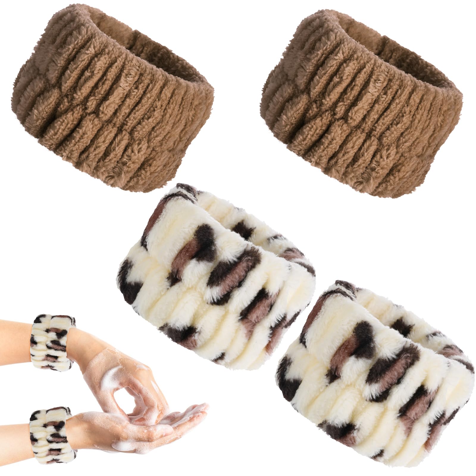 Abeillo 4 Stück Handgelenk Spa Waschband Mikrofaser Gesichtswasch Armbänder Korallen Saugfähiges Armband zum Waschen, Handgelenktücher für Waschen Gesicht und Dusche(Braun+Weiß1)