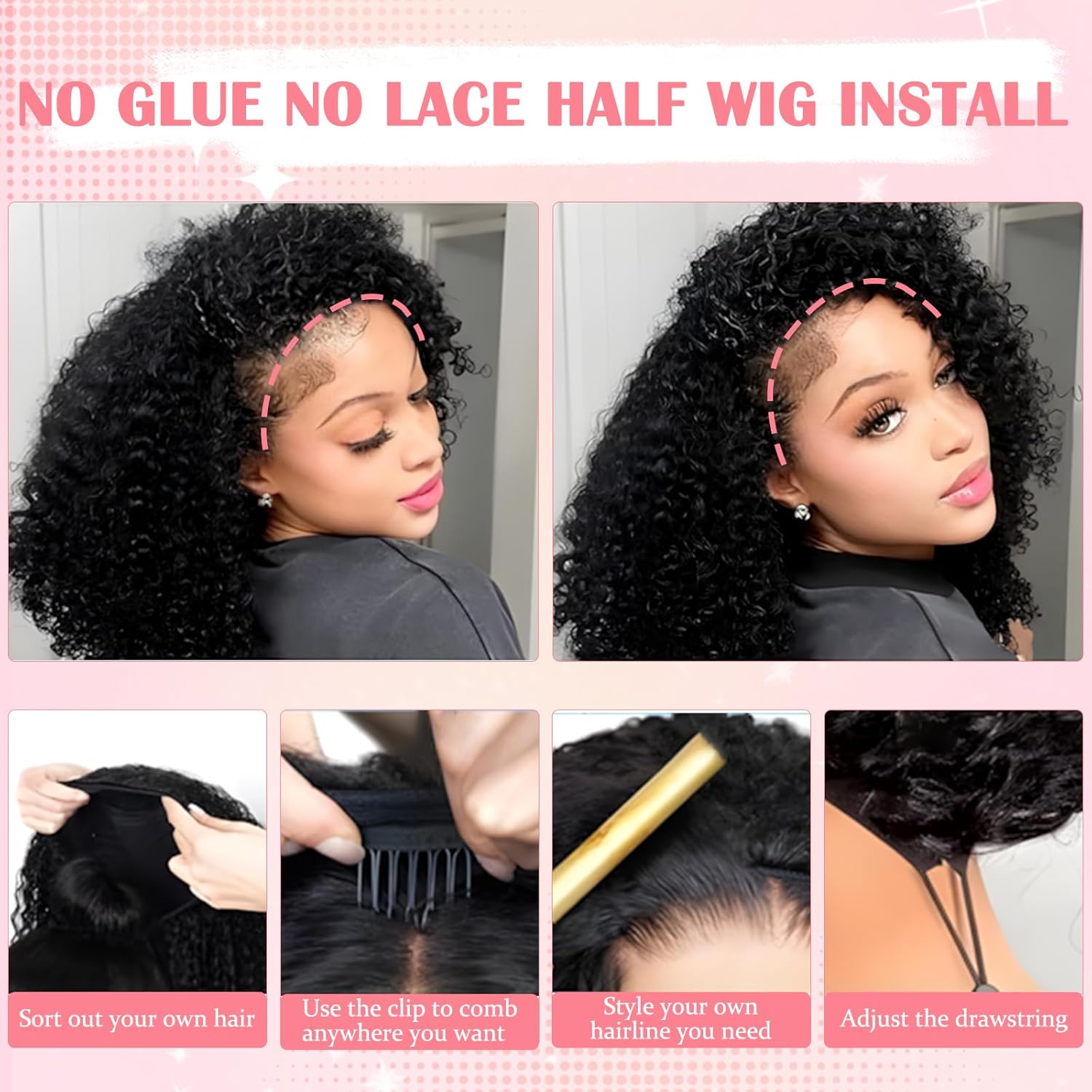 MonaHair 3-in-1 Glueless Kinky Curly Half Wig Human Hair 200% Density Seamless Flip Over & Drawstring Half Wig, Wear & Go Ponytail Wig Headband Wig Natural Balck Beginner Friendly (18)