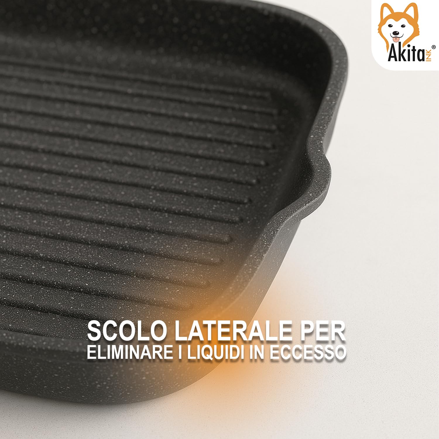AKITAInk Bistecchiera Energika 28×28 cm Piastra Quadrata in Alluminio Effetto Pietra Antiaderente, Manico Soft Touch, Adatta anche ai Piani a Induzione