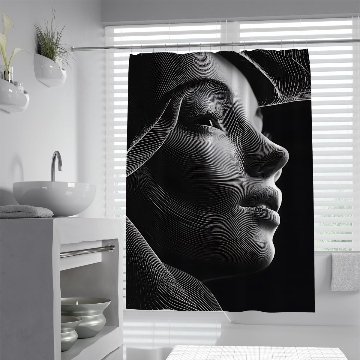 UIRINGART Futuristic Optical Illusion Face Shower Curtain W180xL200cm Abstract 3D Wave Topography Lines Pattern Anti Mould Washable For Bath Tub Bathroom Curtain With Hook