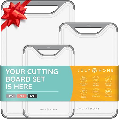 Cutting Boards for Kitchen - Plastic Cutting Board Set of 3, Dishwasher Safe Cutting Boards with Juice Grooves, Thick Chopping Boards for Meat, Veggies, Fruits, Easy Grip Handle, Non-Slip (Gray)