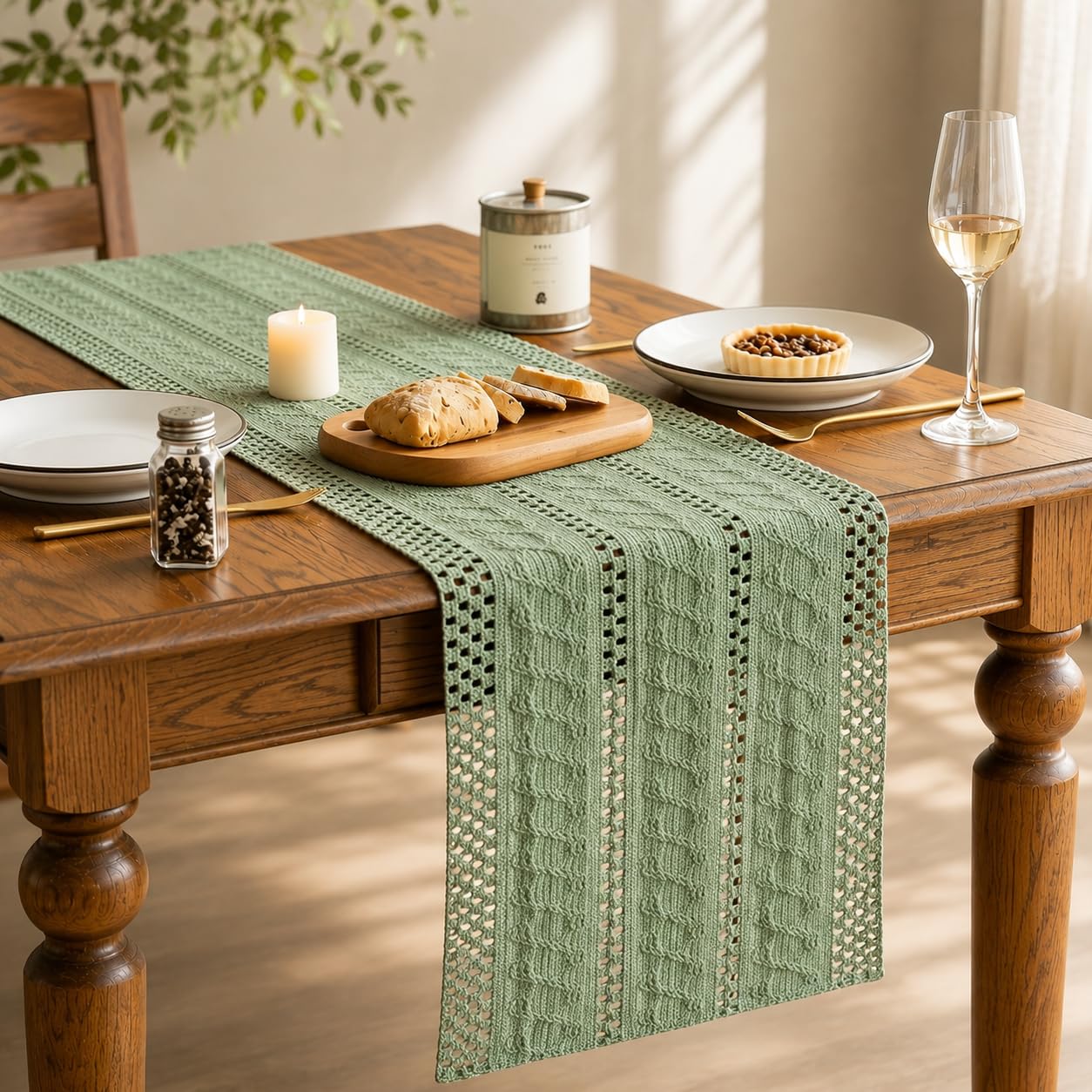 Hittriu Boho Macrame Table Runner Machine Washable, Durable Fabric Table Runner Country Style for Boho Wedding Table Decor, Summer Outdoor Party, Kitchen Decoration 30 x 140 cm (Green)