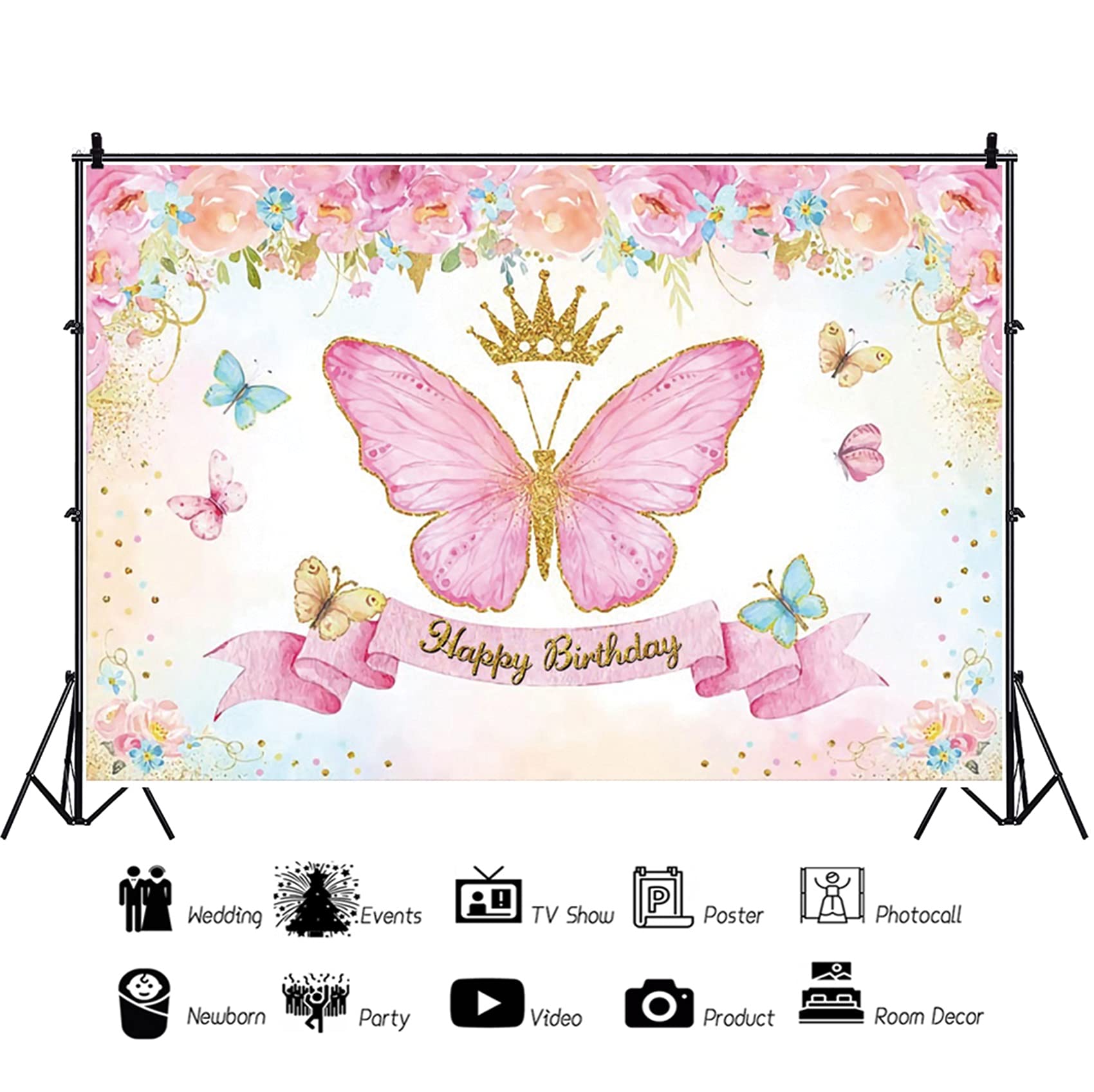 4,5x3m Sfondo di buon compleanno Farfalla Corona Ragazze Compleanno Fiori rosa in fiore sfondo fotografico Farfalla rosa Sfondo corona d'oro Bambini Ritratti Foto Studio Oggetti di scena