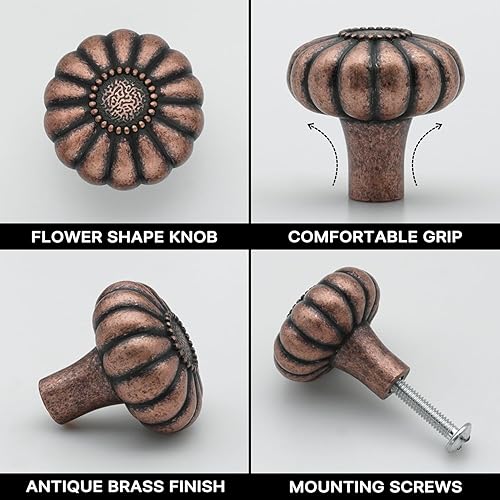 Miniatura 3 de FURFITT Paquete de 10 pomos de cobre antiguo para gabinete, pomos retro de bronce rojo con flores para cajones, aleación de zinc maciza, accesorios