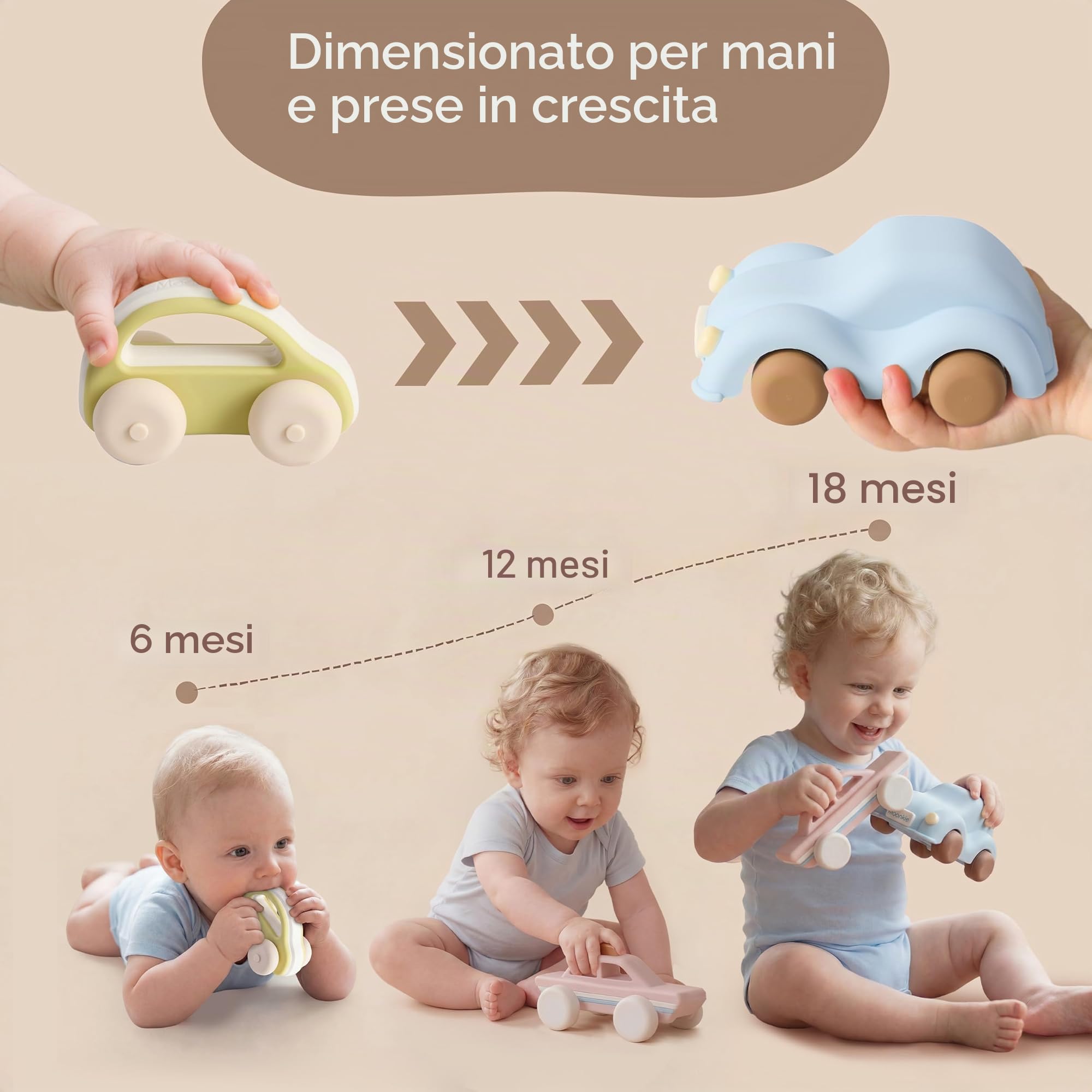 Moonkie Roll & Go Macchinine per Bambini, Set da 3, Regalo Bambino 1 2 3 Anno, Giochi Bambini in Silicone 6 Mesi+, Senza BPA, Massaggia Gengive Neonati, per Maschi e Femmine, Giochi Montessori