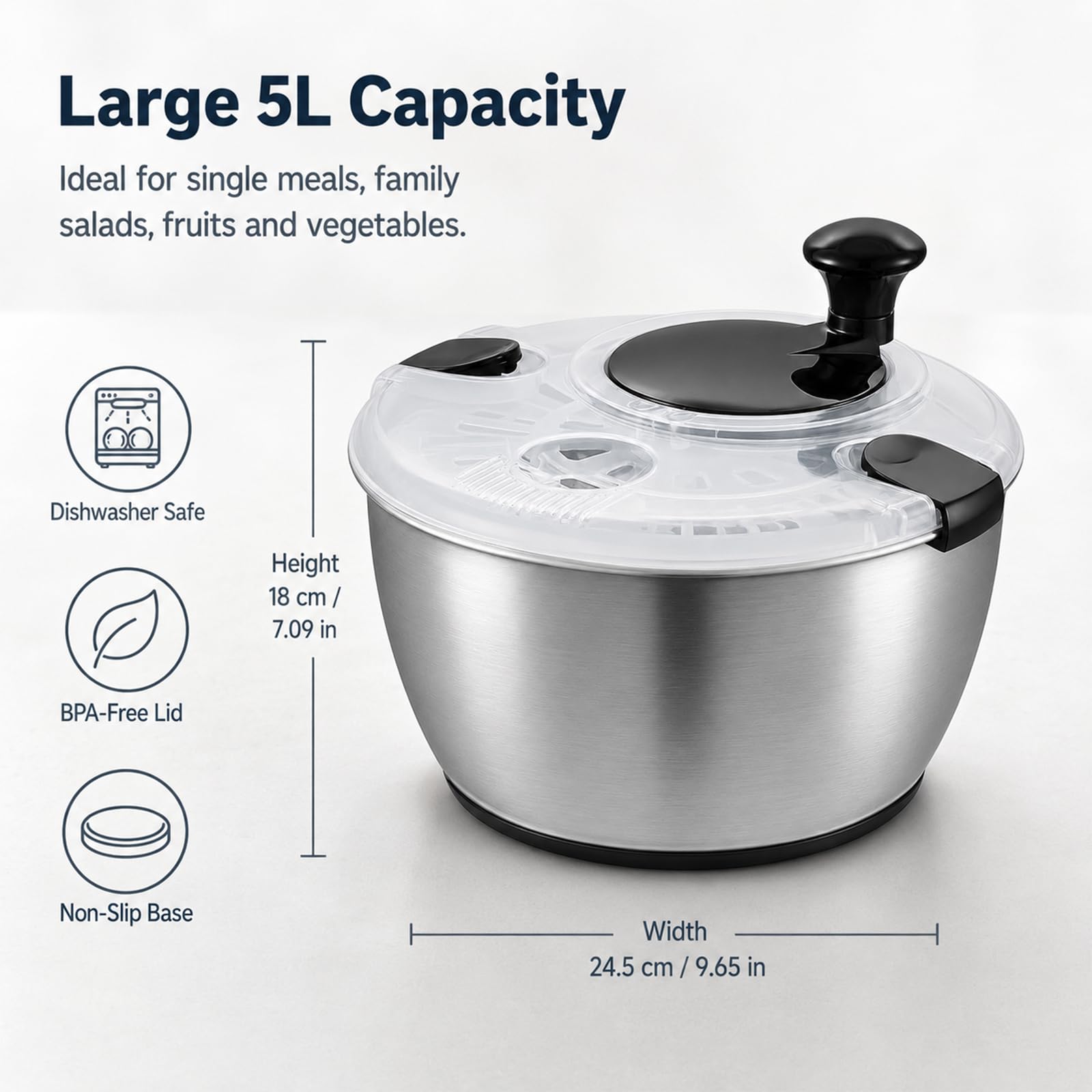 Centrifuga per insalata in acciaio inox, 5 l, con coperchio e beccuccio, antiscivolo, per insalata, verdure, frutta, lavabile in lavastoviglie, senza BPA, azionamento a manovella