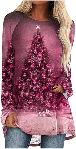 Impresiones navideñas para mujer, para otoño e invierno, a la moda, de manga larga, talla grande, casual, ligera, cuello redondo