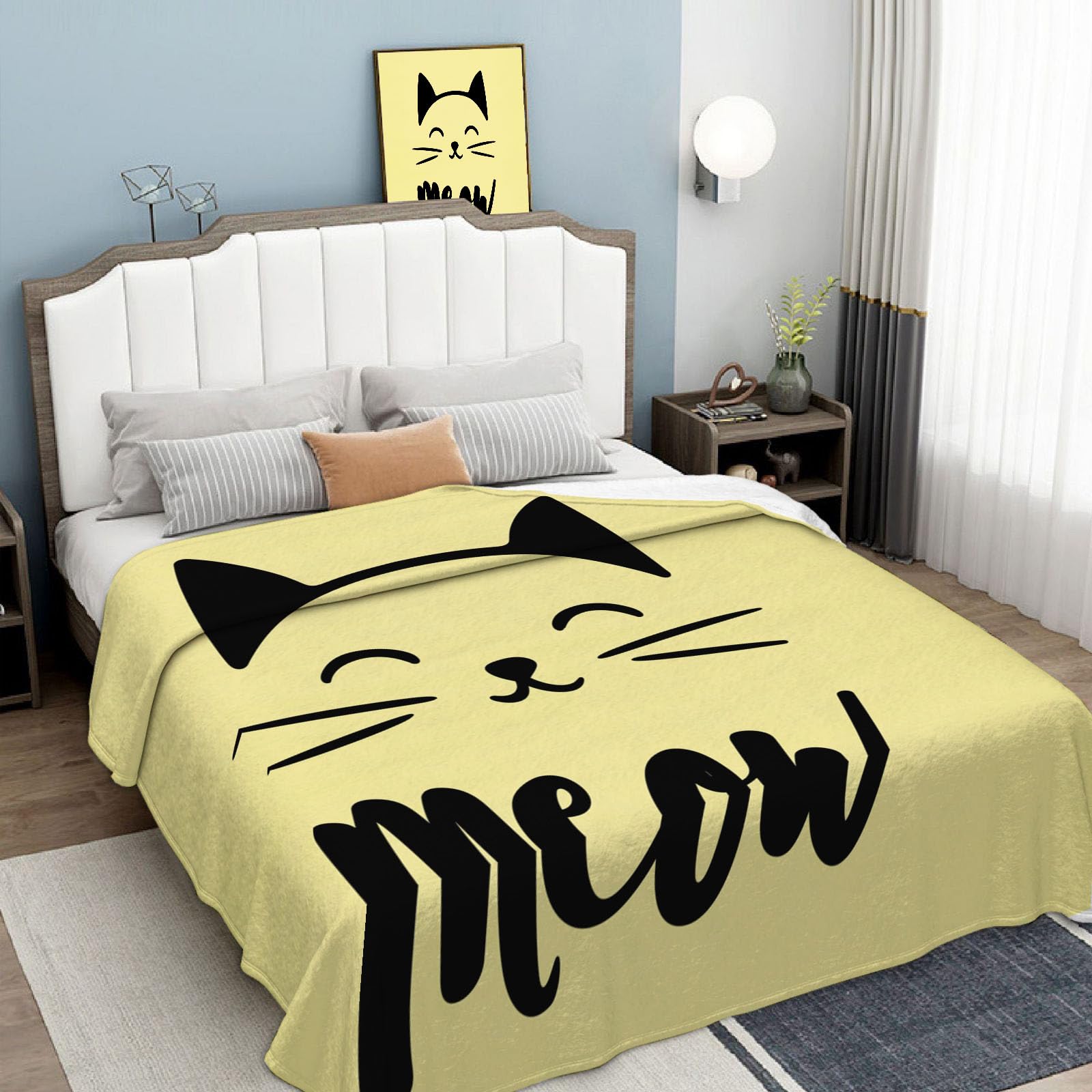 Manta Lindo Dibujo Animado, Manta con Estampado Gato Palabra Suave y cómodo, Toda La Temporada Ligera Amarillo Mantas para sofá, para Cama Sofá decoración de Habit 220x240 cm