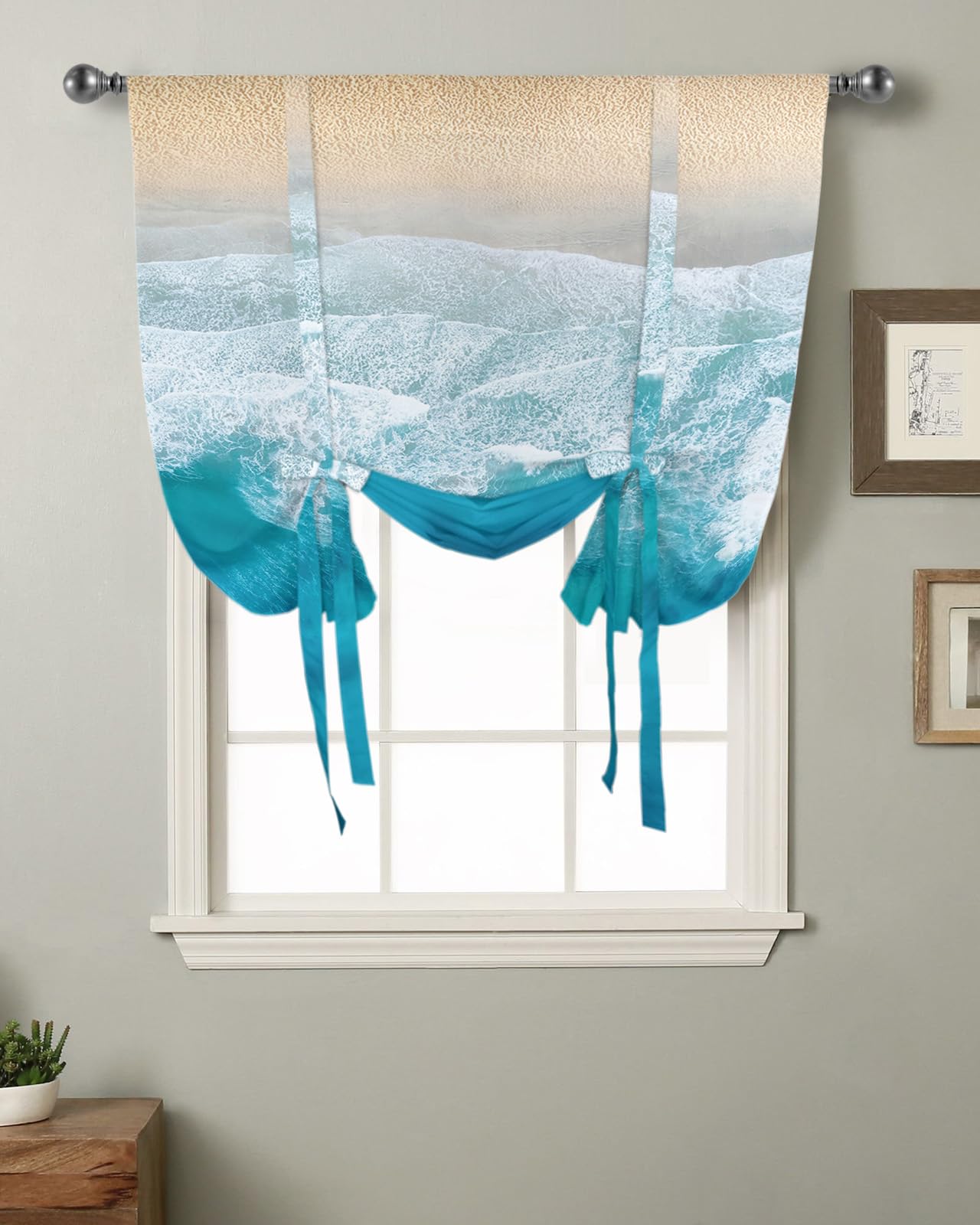 ARTSHOWING Tie Up Curtains for Windows 45 Inch Length Balloon Curtains Kitchen Adjustable Roll Up Curtain Shade Ocean Theme Beach Wave Gradient Blue Tie Up Valance Bathroom Curtain Window 52