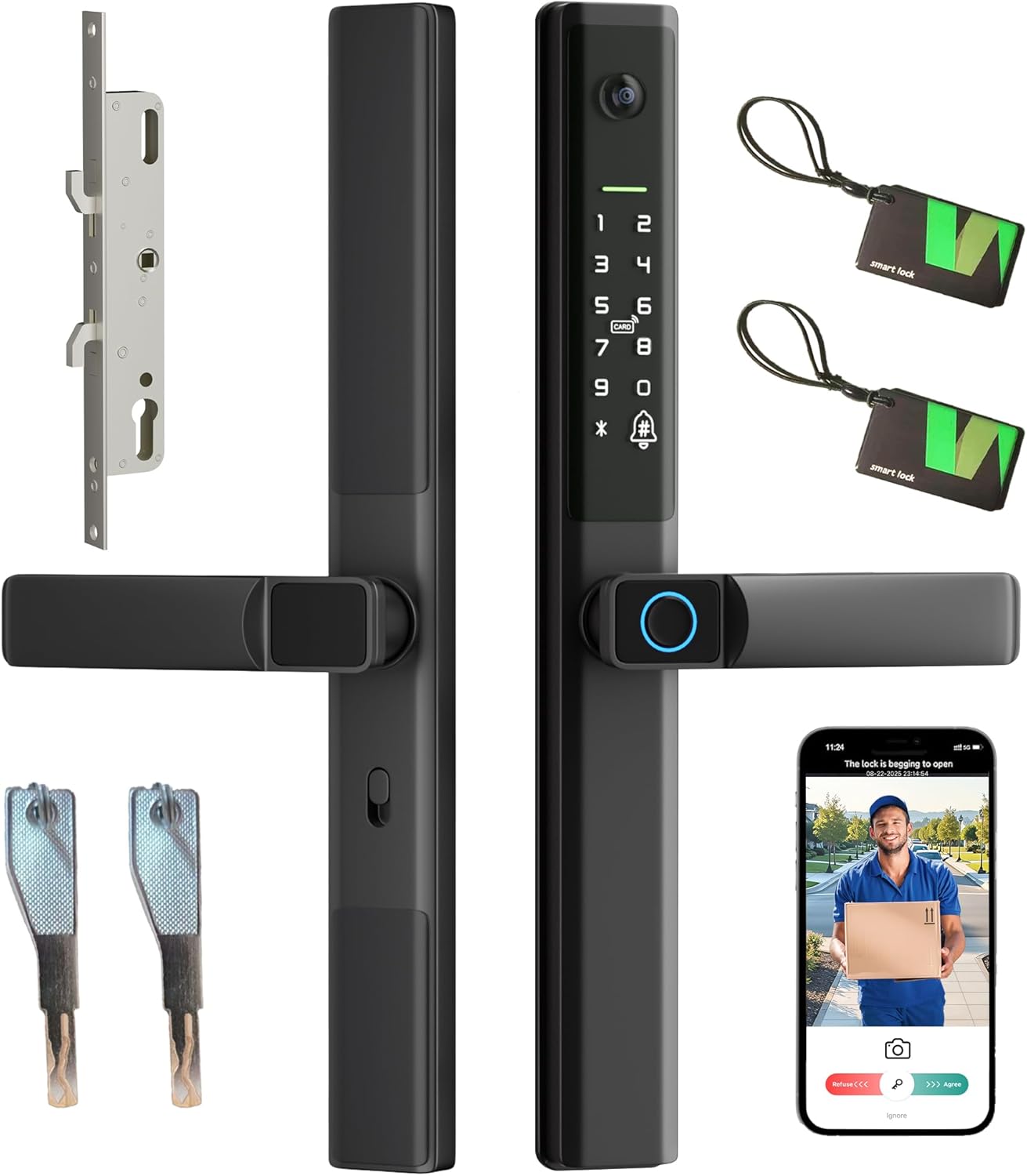 Sliding Glass Door Smart Lock with Handle Keyless Entry Sliding Door Lock with Image Doorbell Fingerprint Code RFID Card Keypad Key WiFi Remote Replacment Slim Thin Frame Patio Door 2885 Mortise Lock