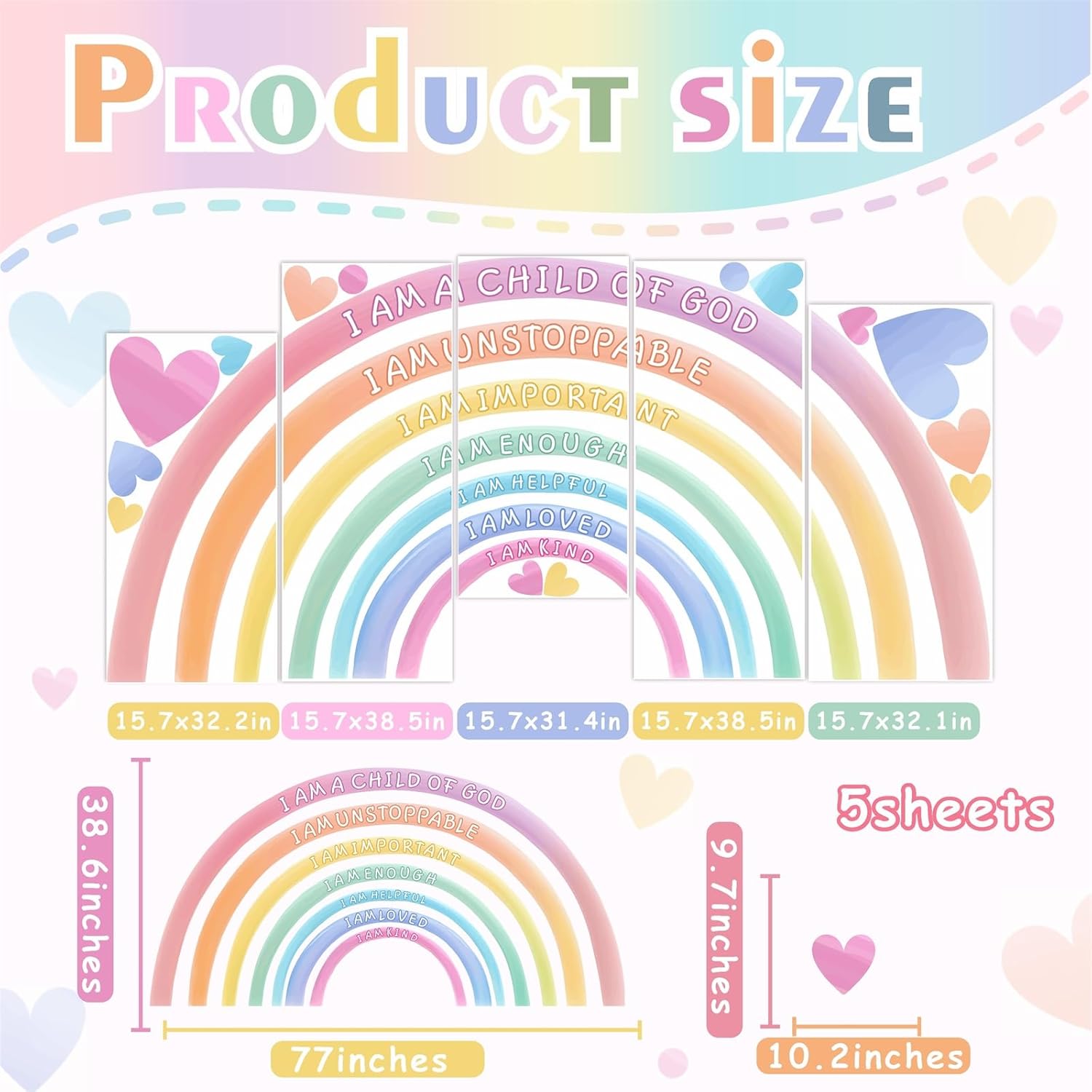 Large Rainbow Wall Decals Peel and Stick Pastel Kids Nursery Wall Decor Stickers Boho Inspirational Wall Decals for Girls Bedroom Rainbow Art Murals for Baby Room Playroom Toddler Home Decoration