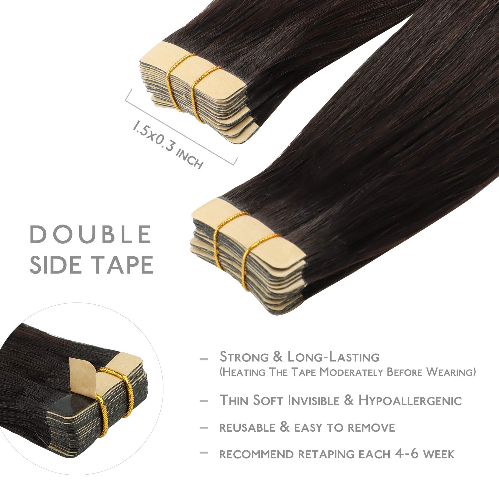 WENNALIFE Tape in Hair Extensions, 20pcs 22 Inch 50g Dark Brown Remy Human Hair, Real Tape Extensions Coloured - 3