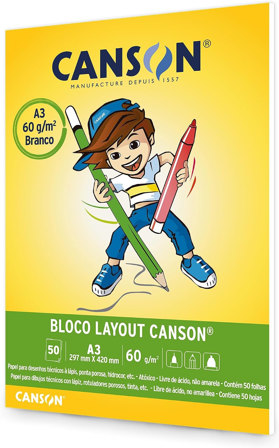 Bloco layout liso A3 60g com 50 folhas Canson