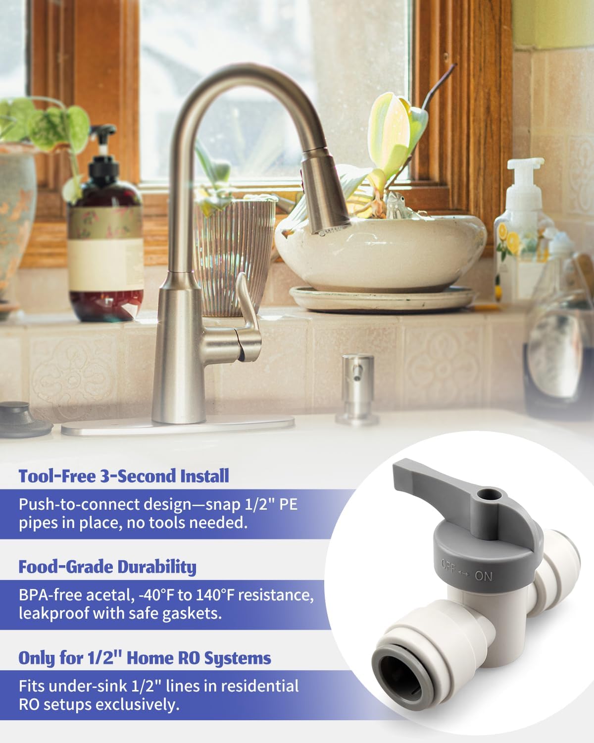 5 Pack Acetal Copolymer 1/2" Tube OD Tube Fitting With Rotary Switch Fit for RO Water Filter System, Hand Shut Off Valve