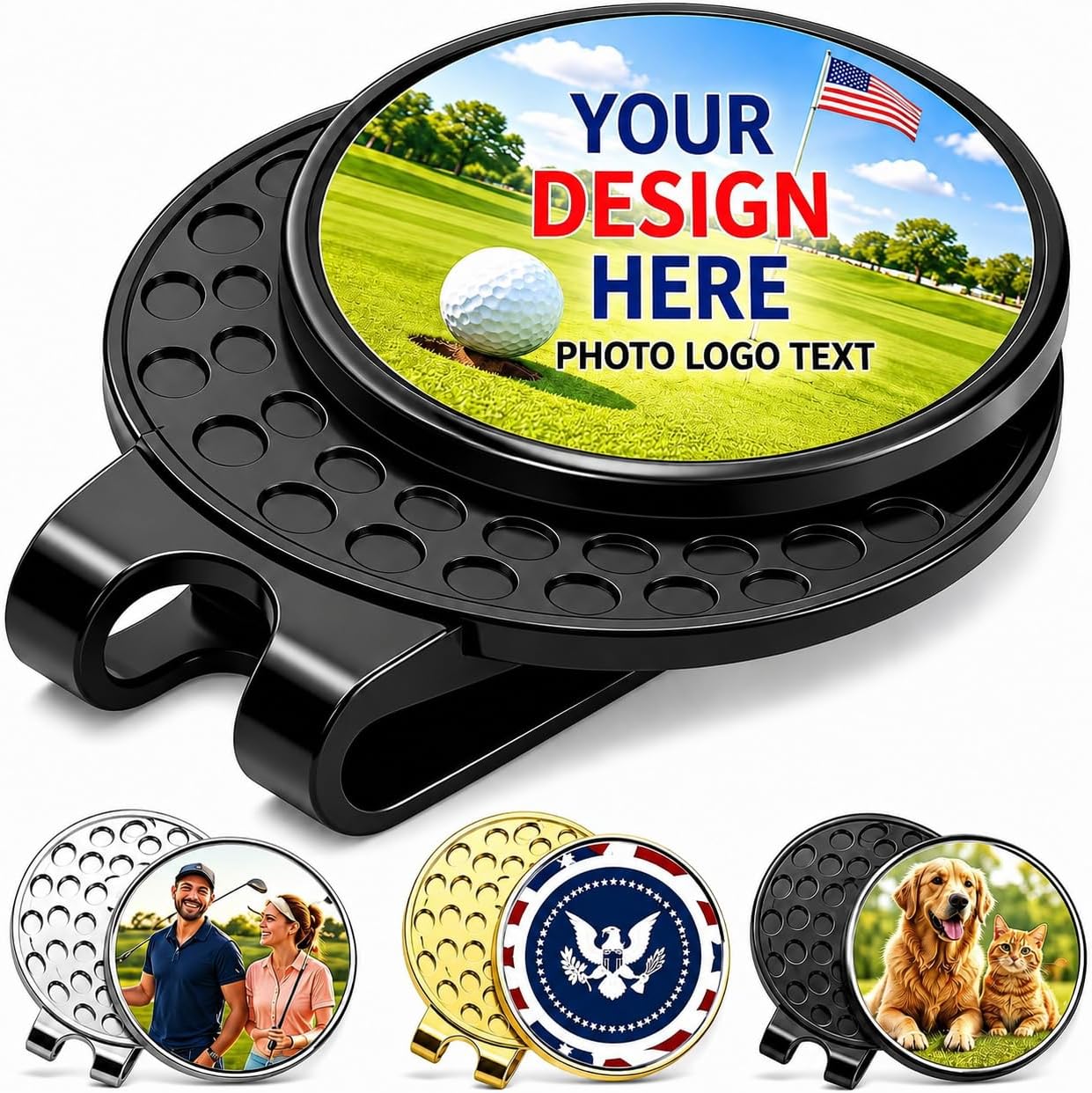 Custom Golf Ball Marker Hat Clip, Personalized Photo Logo Text