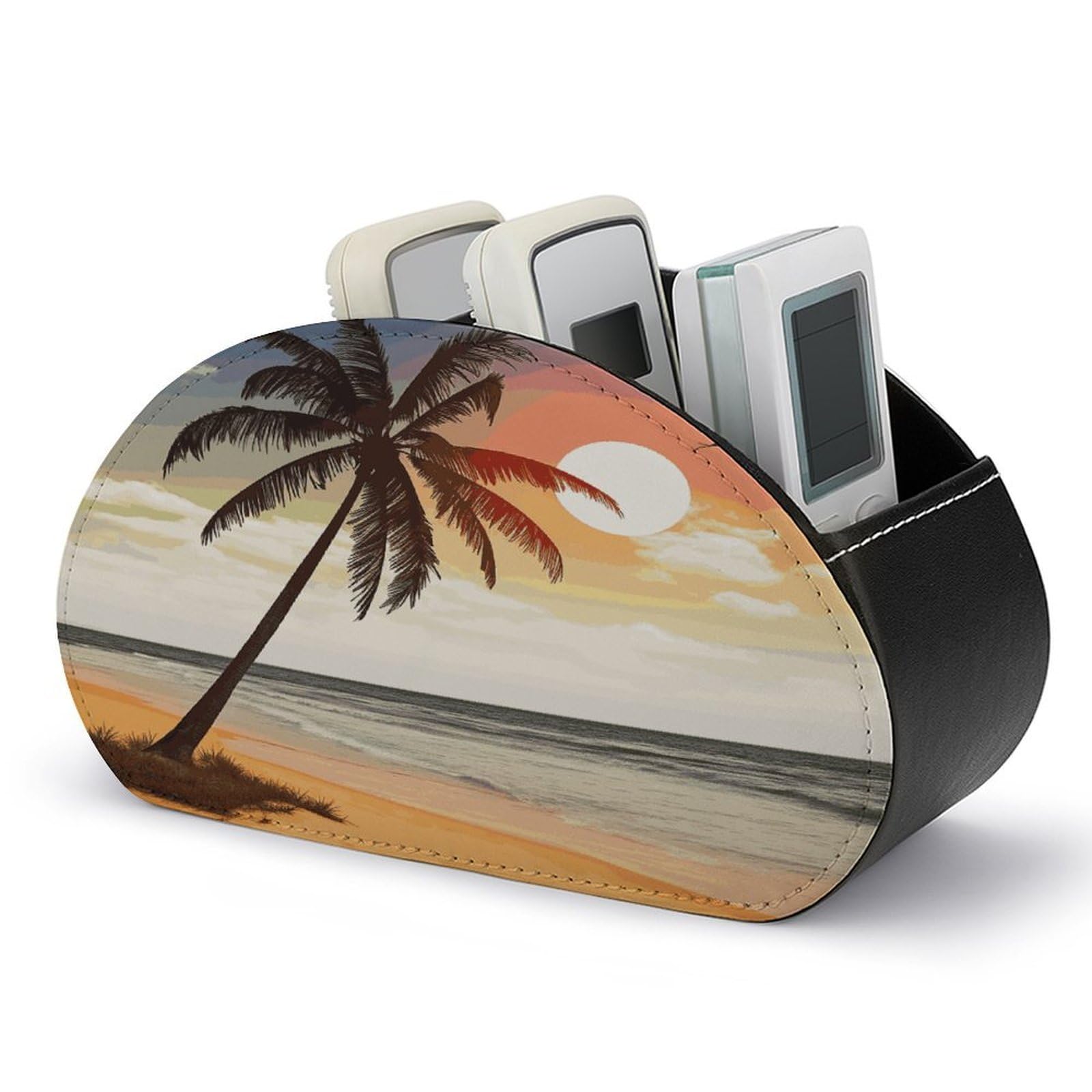 FekiLoot Palm Tree on Beach Remote Control Holder, PU Leather Remote Control Organizer Box Stationery Remote Control Box Desk Storage Organizer for DVDs,Glasses,Pens,Media Players