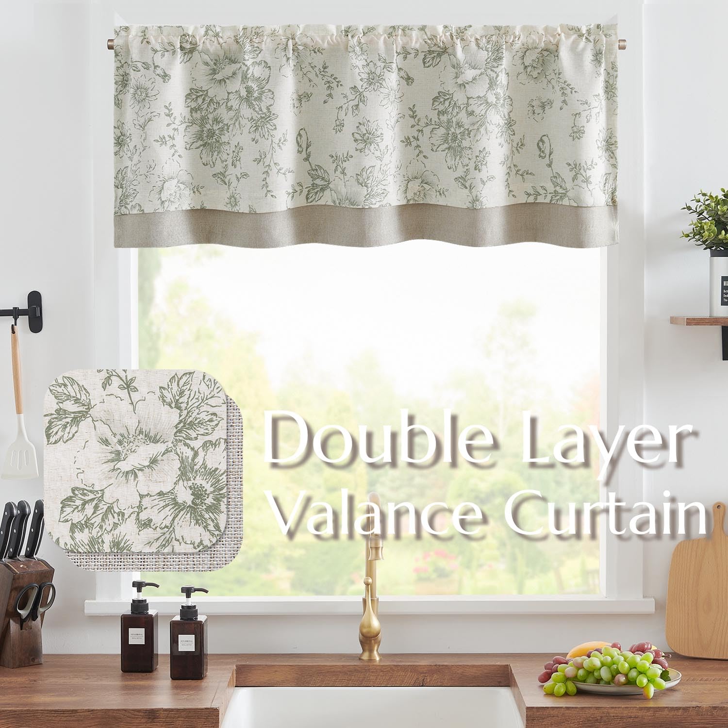 TOPICK Floral Kitchen Curtains Short Cafe Curtains Blackout Double Layer Curtain Valance for Sink Living Room Cabinet Small Window Rod pocket 1 Panel Green on Beige 18 Inch Drop - Image 3