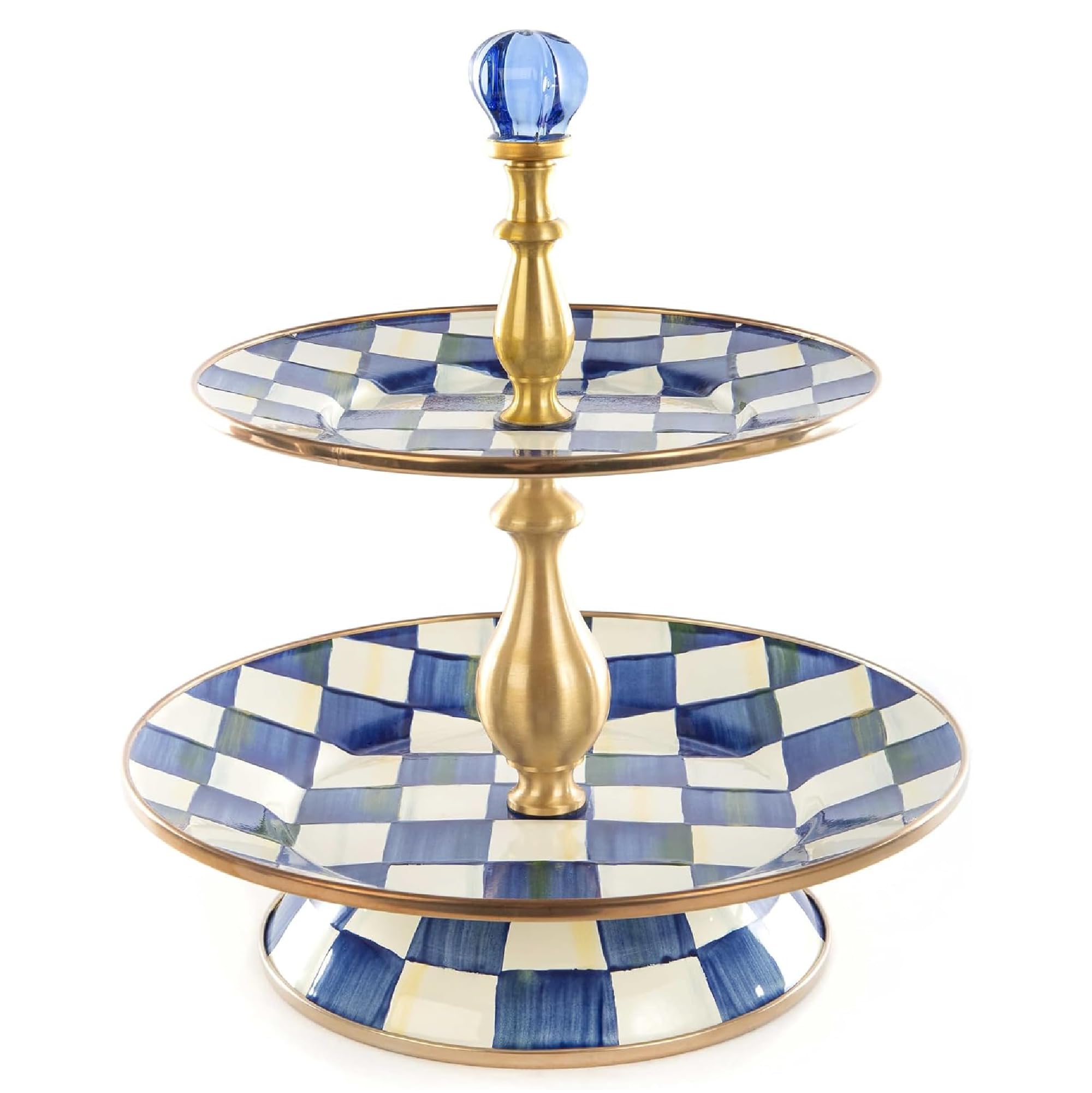 MACKENZIE-CHILDS Enamel Two-Tier Sweet Stand, Two-Tiered Serving Tray for Dessert, Blue-and-White Royal Check