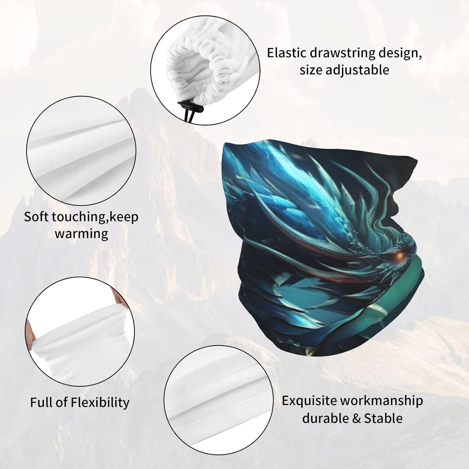 Neck Warmer Winter, Dragon Print For Cold Weather Winter Face Mask,Thick Warm Neck Gaiter Face Scarf,For Men Women Skiing Cycling - With Rope