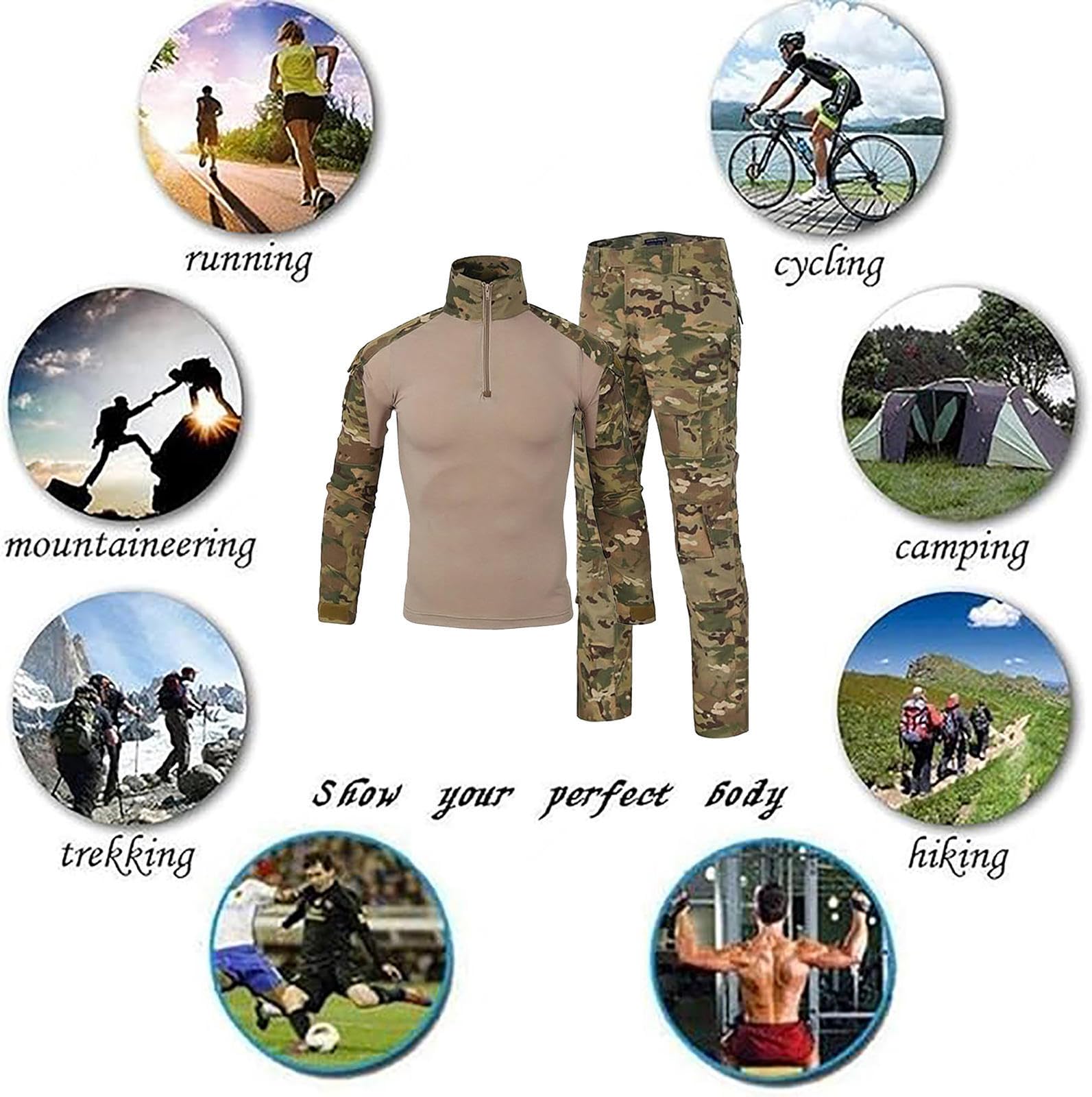 HAZARA Tuta Mimetica da UOM con Gomitiere,Ginocchiere E Guanti da Combattimento Maglia Tattica Ideale per Paintball,Combattimento,Caccia,Camo-L