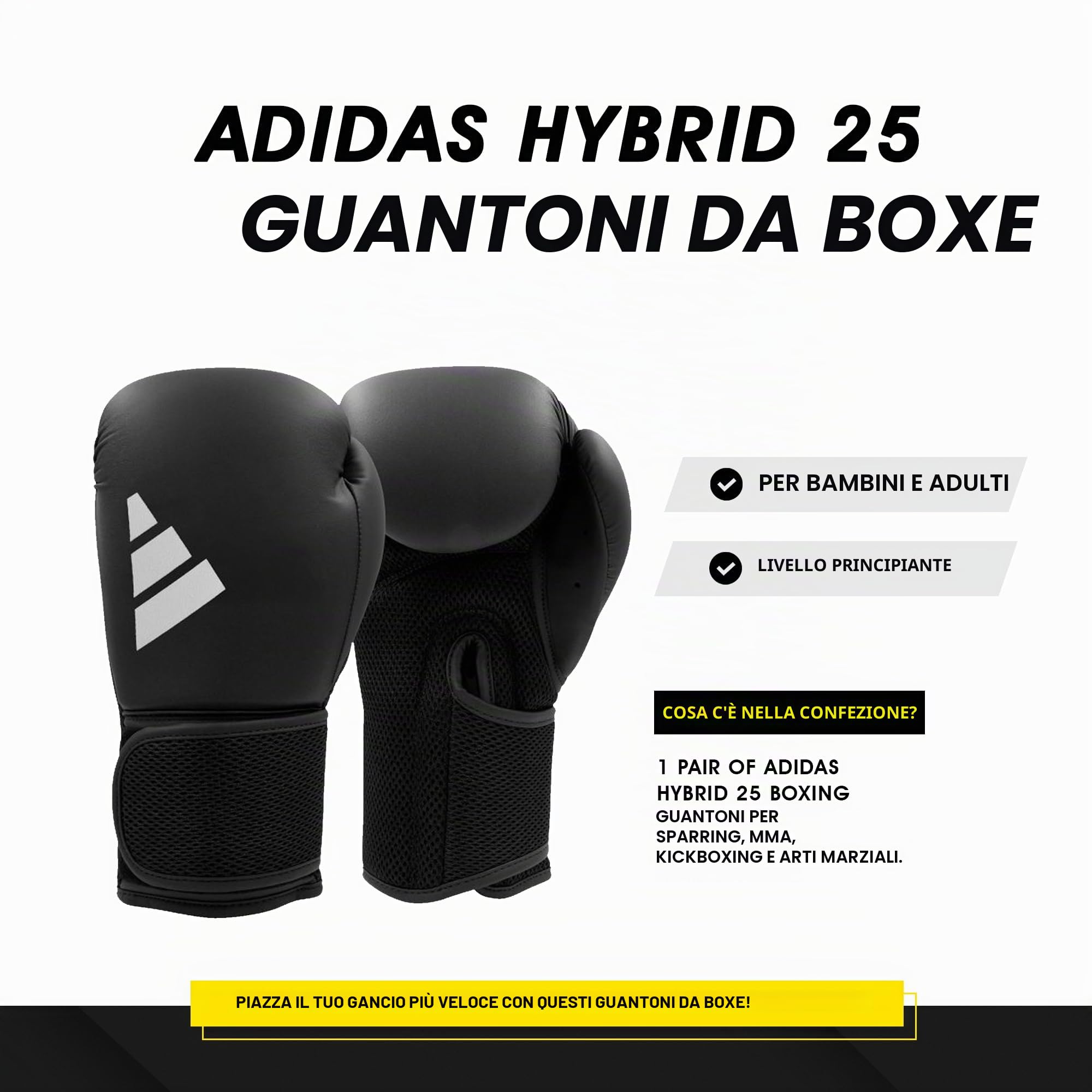 Adidas Guantoni da boxe, allenamento, sparring, lezioni di fitness, MMA, kickboxing, palestra, gancio, jab, ibrido 25, per uomini, donne, bambini, 170 g, 283,5 g