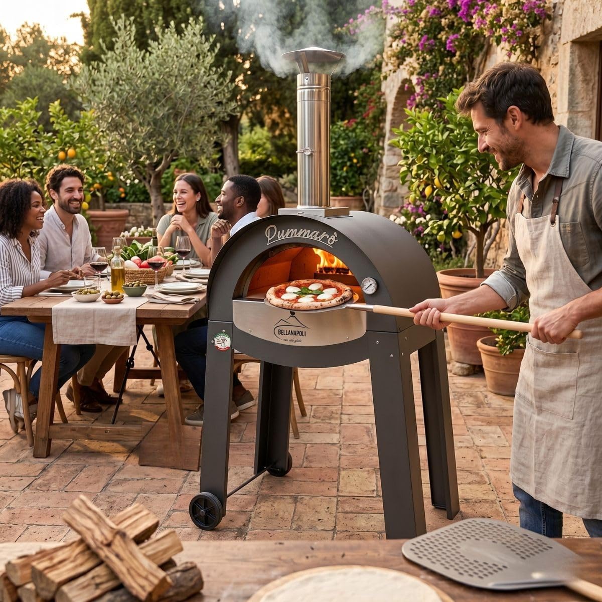 BELLANAPOLI - Forno per pizza da esterno professionale per cottura a 2 pizze 400 °C, forno a legna di alta qualità, in acciaio inox, pietra refrattaria, termometro a 2 ruote