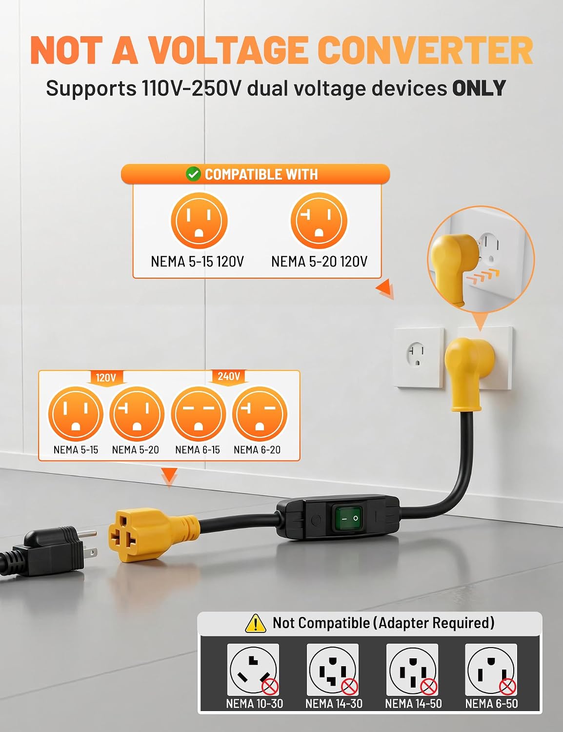 MECMO 15 Amp Household to 20 Amp AC Power Adapter w/On Off Switch, 12/3 SJTW Outdoor Indoor Extension Cord 3 Prong Flat Plug NEMA 5-15P to 5-15/20R 6-15/20R 4-in-1 T-Blade Cable for Tools & Equipment