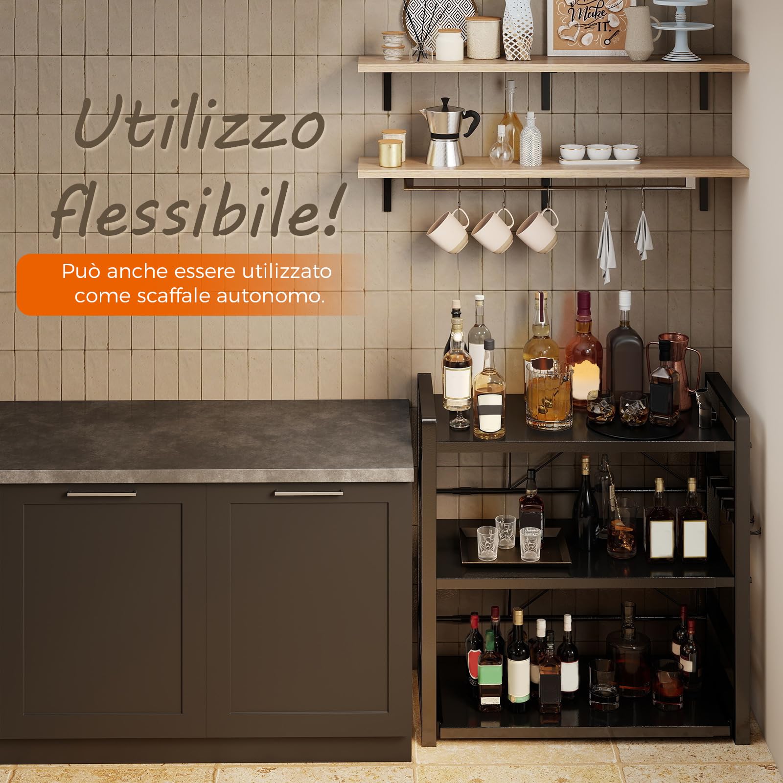 Scaffalatura per microonde a 3 ripiani, regolabile in altezza ed estraibile, con cassetto, in acciaio al carbonio, con ganci e ventose di rinforzo, scaffale da forno (nero)