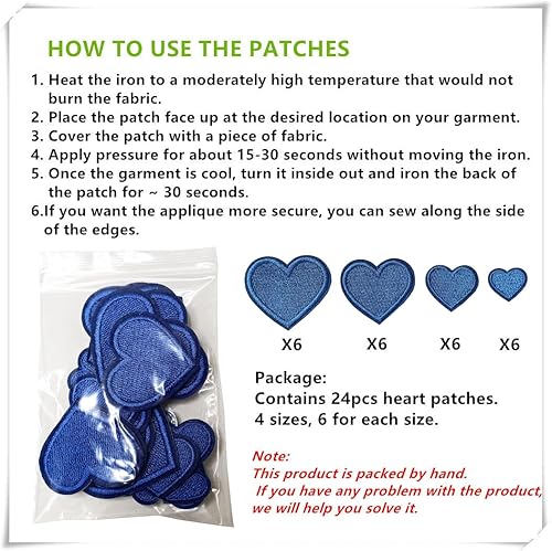 Miniatura 6 de Zlettery 24 parches para planchar con corazón azul, parches bordados con corazón para ropa, chaquetas, sombreros, mochilas, jeans