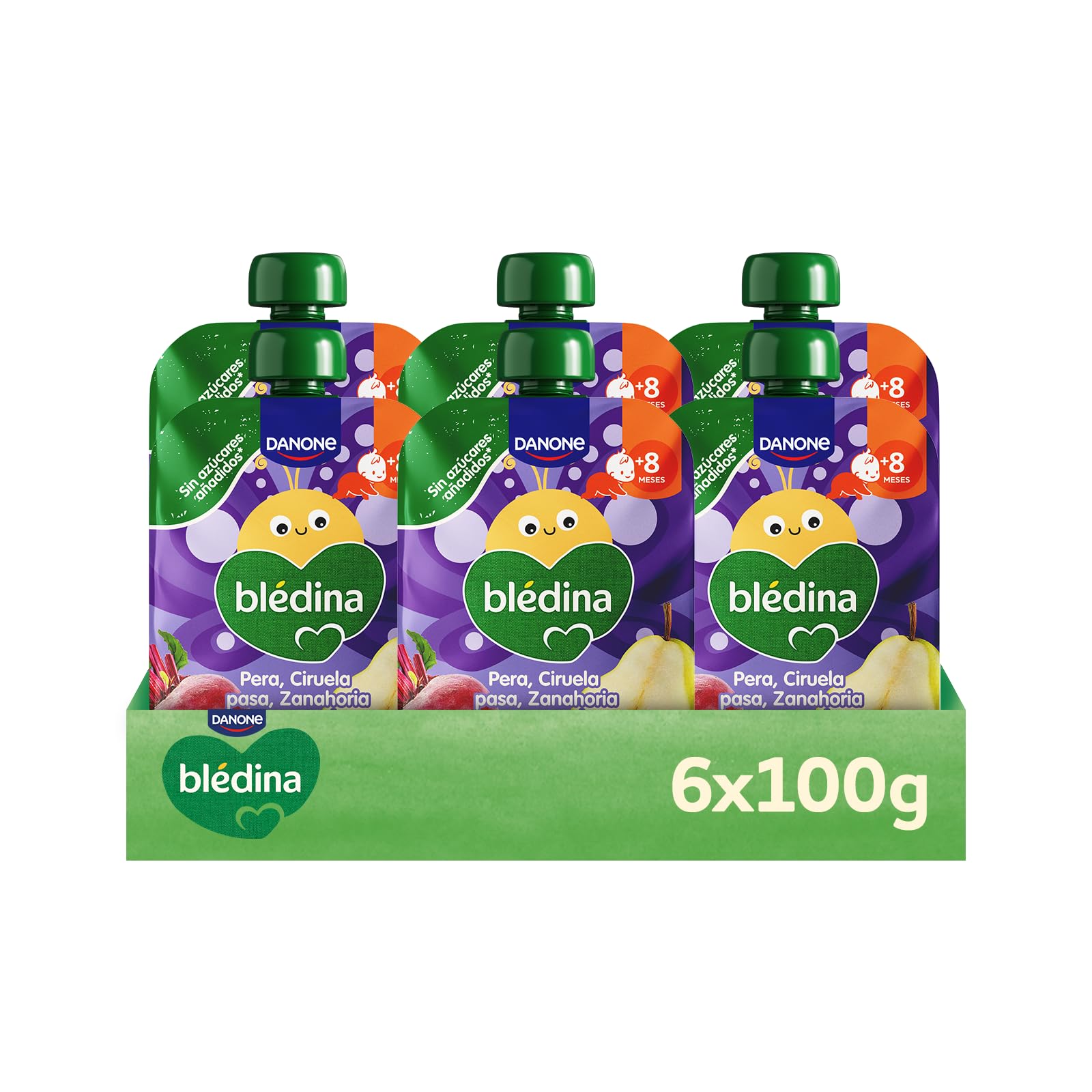 Blédina Bolsitas de Pera, Ciruela pasa, Zanahoria y Remolacha para Bebé Pouch 100% Fruta y Verdura Sin Azúcar Añadido Alto Contenido Vitamina C Fuente de Fibra Pack 6x100g