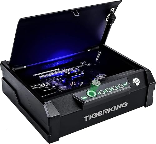 TIGERKING Caja fuerte para pistolas, caja fuerte biométrica para pistolas, acceso rápido para pistola con modo de silencio y dispositivo de tapa de