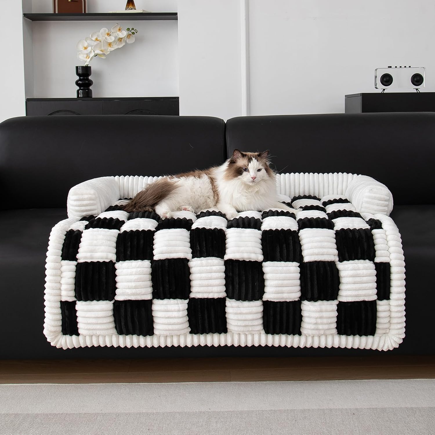 Pet Couch Covers for Sofa,Dog Bed Dog Mat Dog Couch Cover Sofa Cover Cream Square Plaid Dog Mat for Furniture Protector with Removable Washable Cover for Dogs and Cats(Medium-35 * 35",Black)