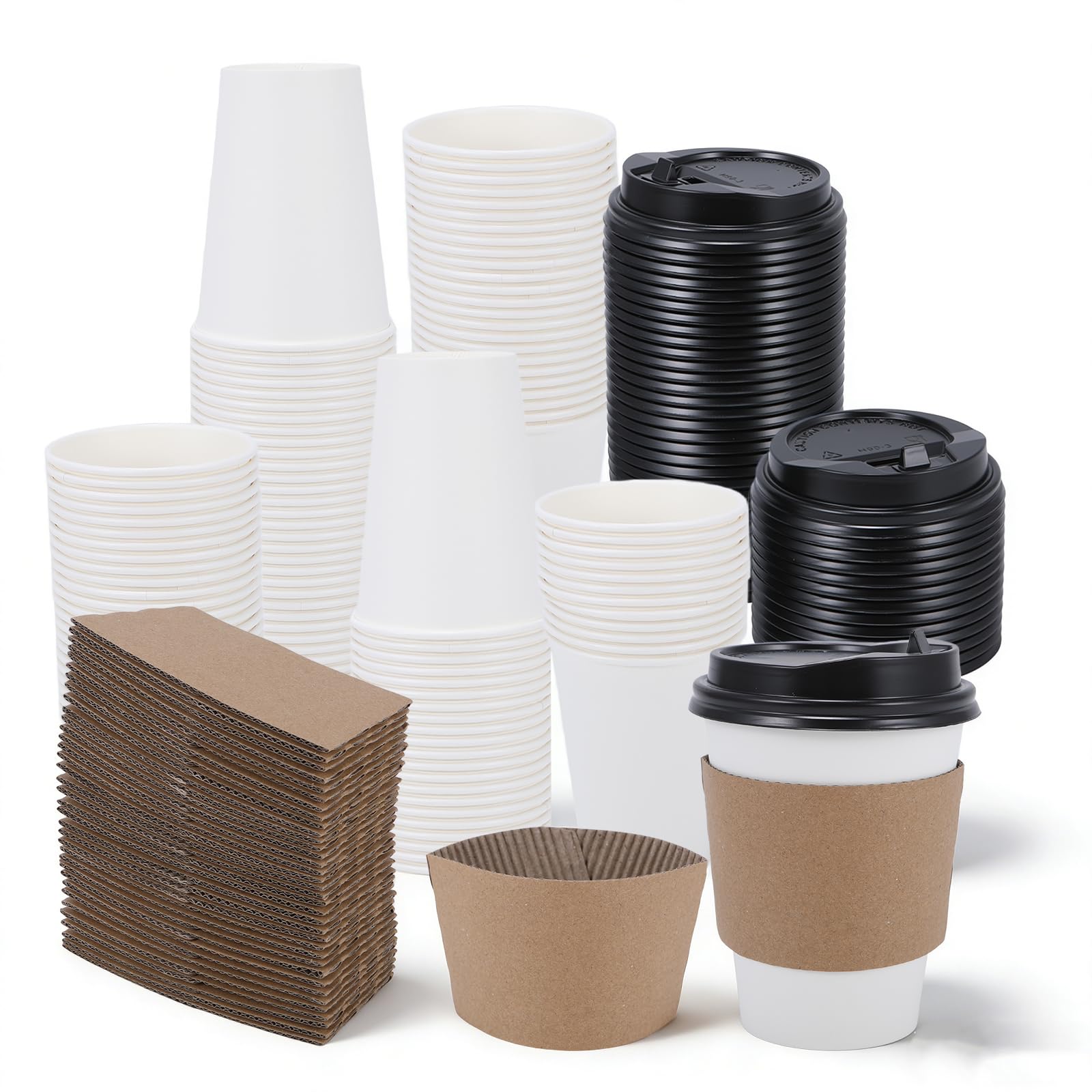Coffee Cups, 50 Pack 12 oz Disposable Coffee Cups with Lids | and Sleeves Leak-proof & Sturdy Thick Paper, To Go Hot Paper Coffee Cups with Lids for Office Travel, Coffee Bar Accessories